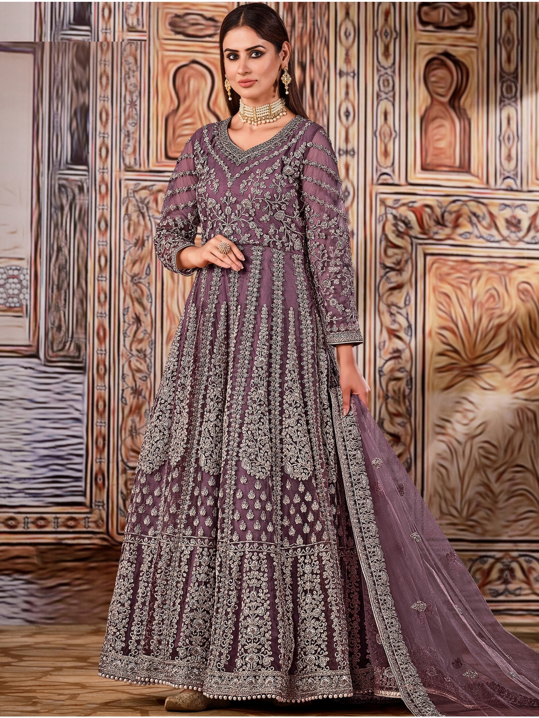 Soft Premium Net Party Wear Gown In Purple Color with Embroidery Work
