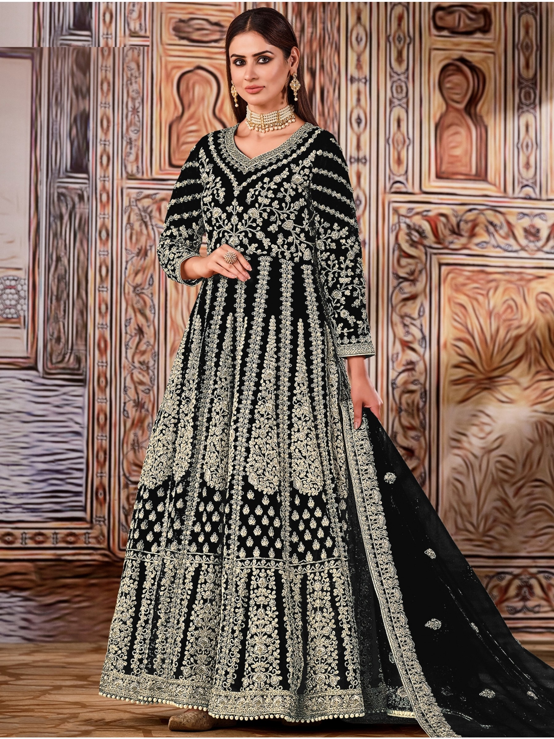 Soft Premium Net Party Wear Gown In Black Color with Embroidery Work