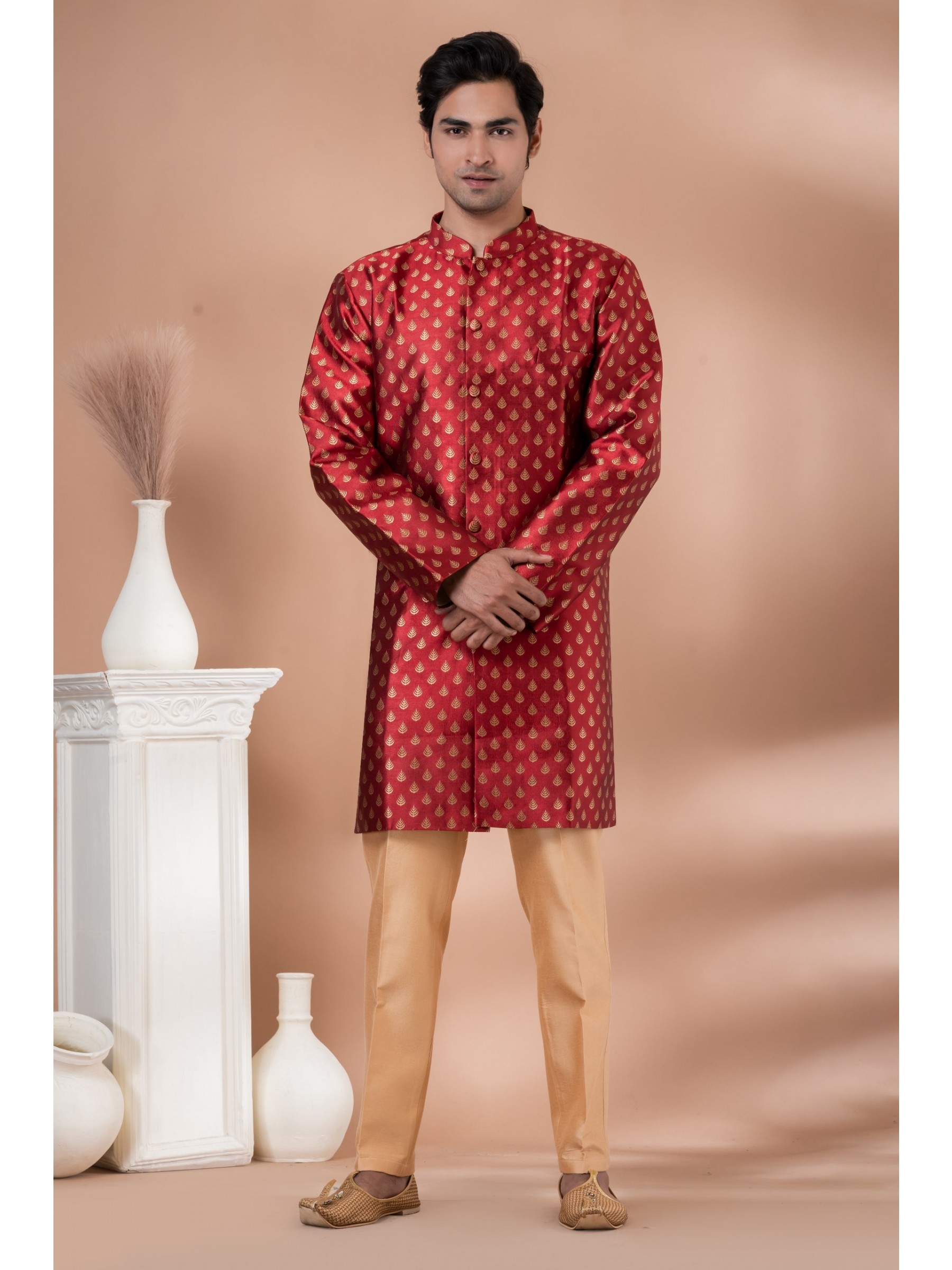 Jacquard Silk Fabric IndoWestern Ready Made Dress in Red Color