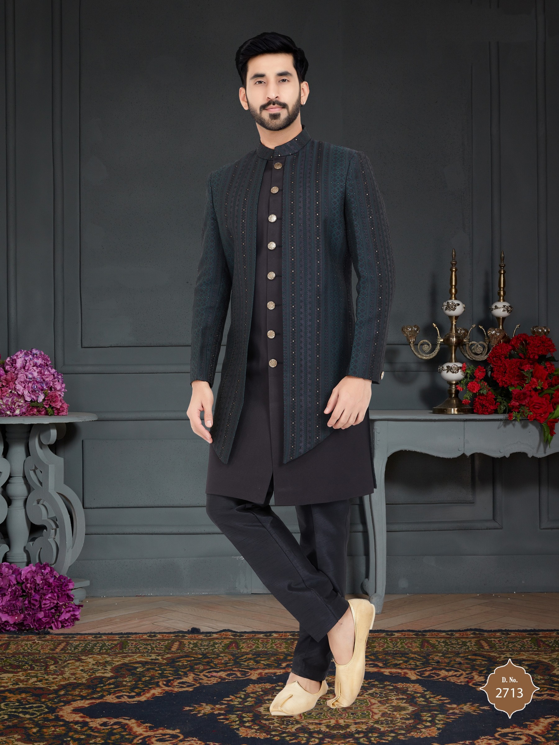 Jacquard Silk IndoWestern Ready Made Dress in Black & Rama Color 