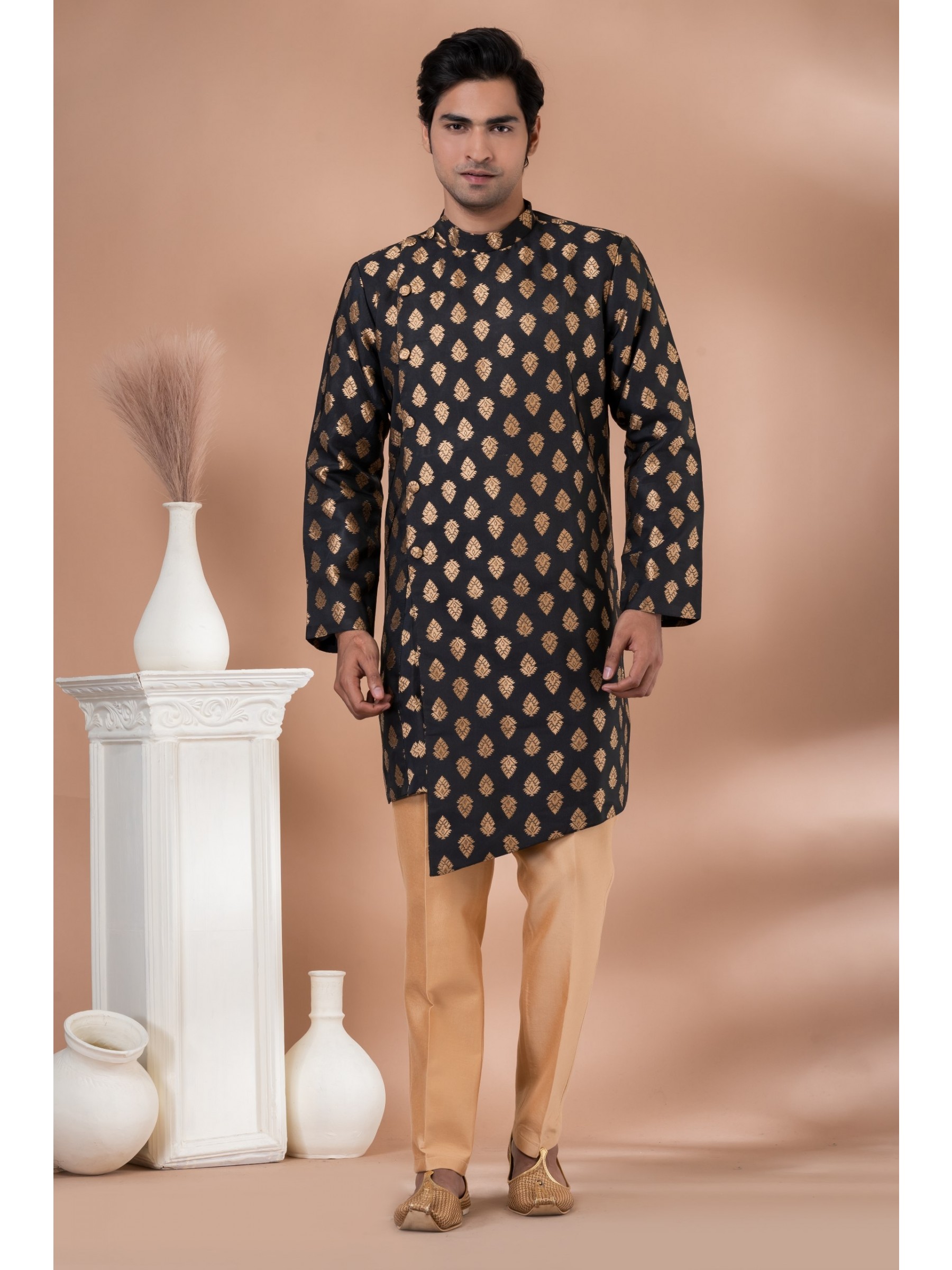 Jacquard Silk Fabric IndoWestern Ready Made Dress in Black Color