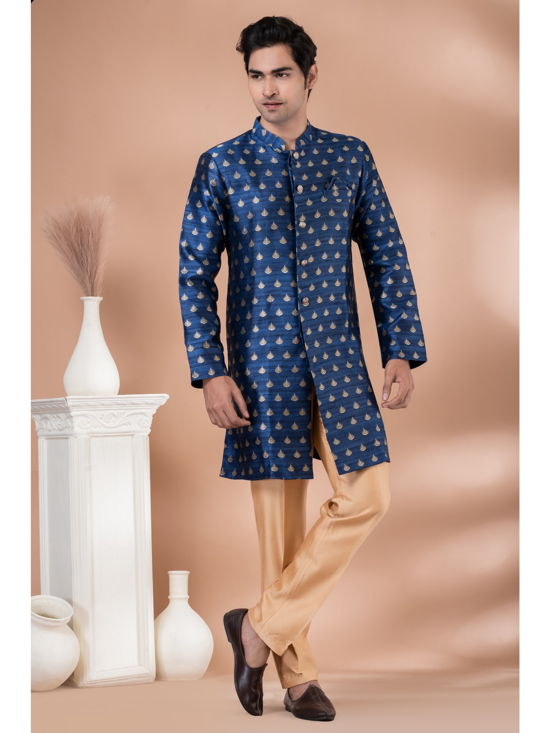 Jacquard Silk Fabric IndoWestern Ready Made Dress in Royal Blue Color