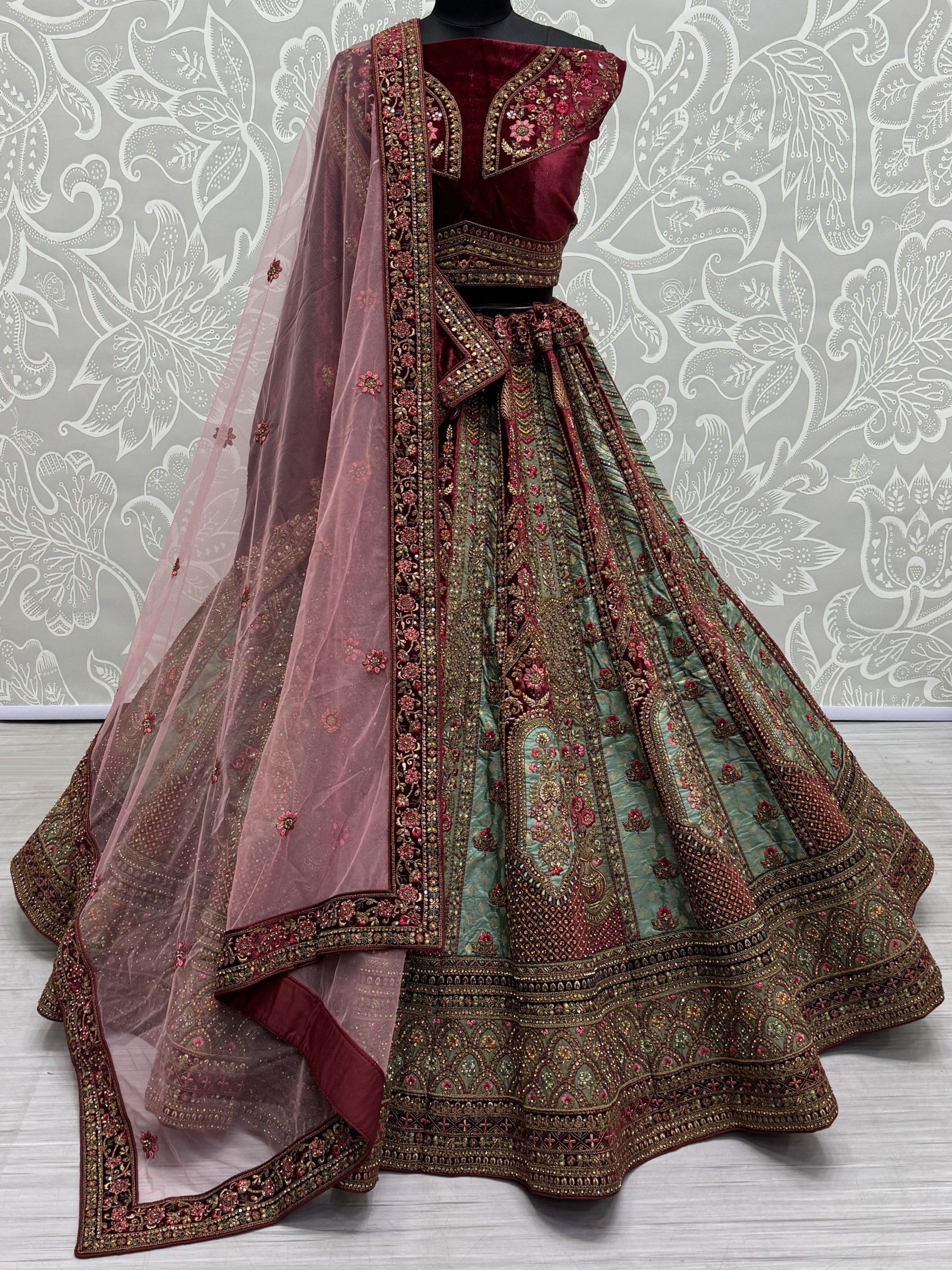 Pure Micro velvet Wedding Wear Lehenga In Pista Color With Embroidery Work