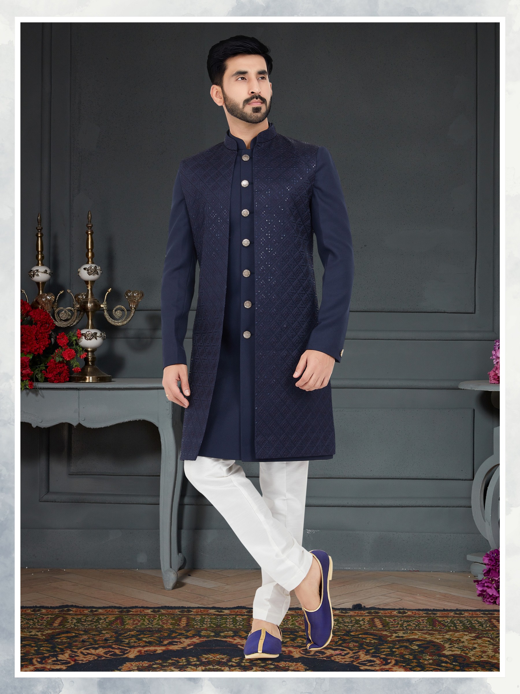 Heritage Silk IndoWestern Ready Made Dress in Blue Color 