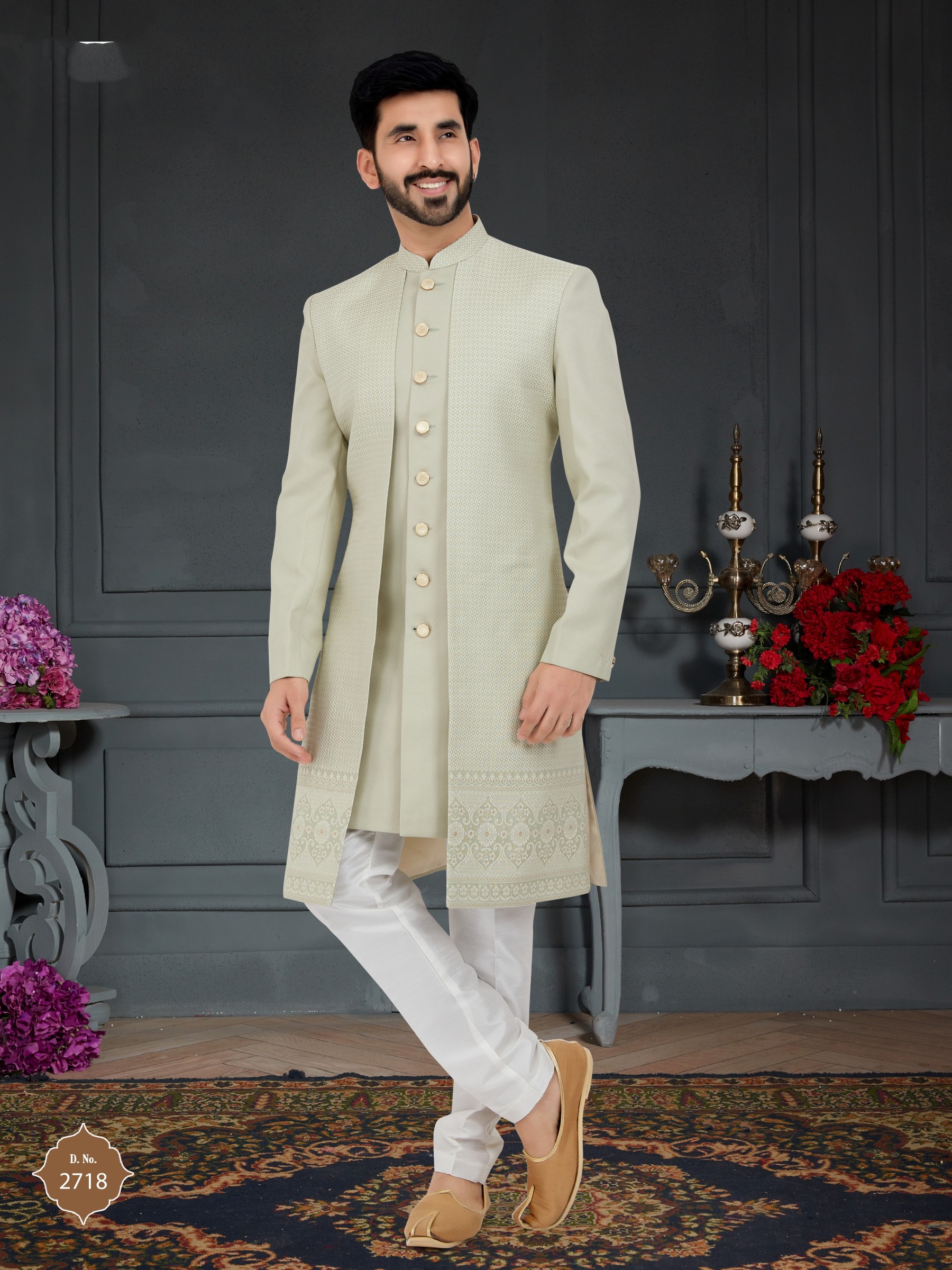 Jacquard  Silk IndoWestern Ready Made Dress in Olive Green Color 