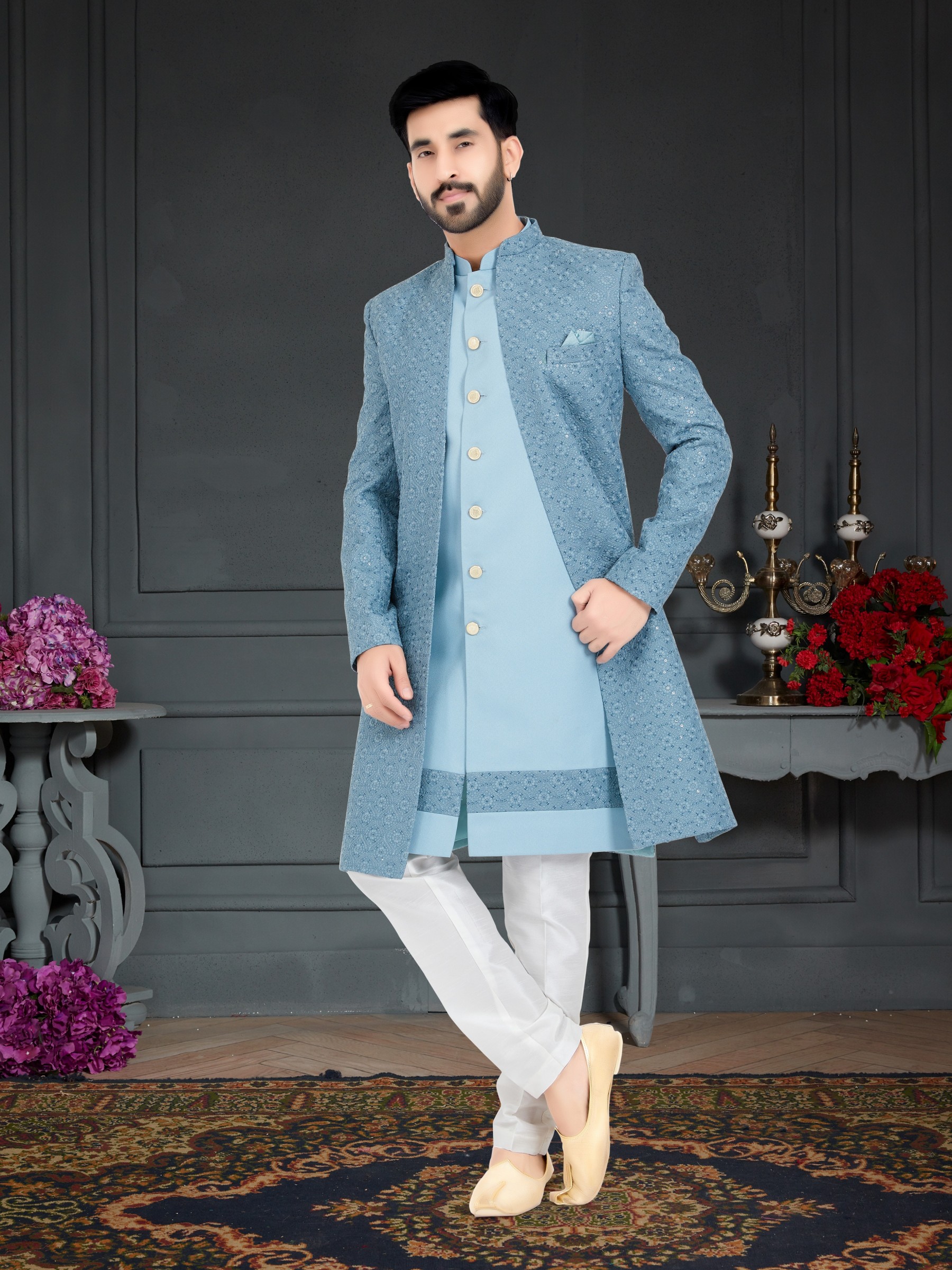 Heritage Silk IndoWestern Ready Made Dress in Sky Blue Color 