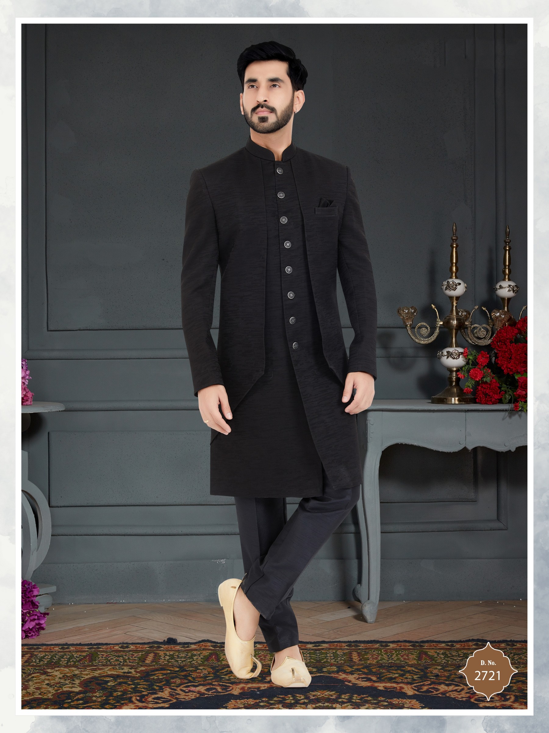 Jacquard Silk IndoWestern Ready Made Dress in Black Color 
