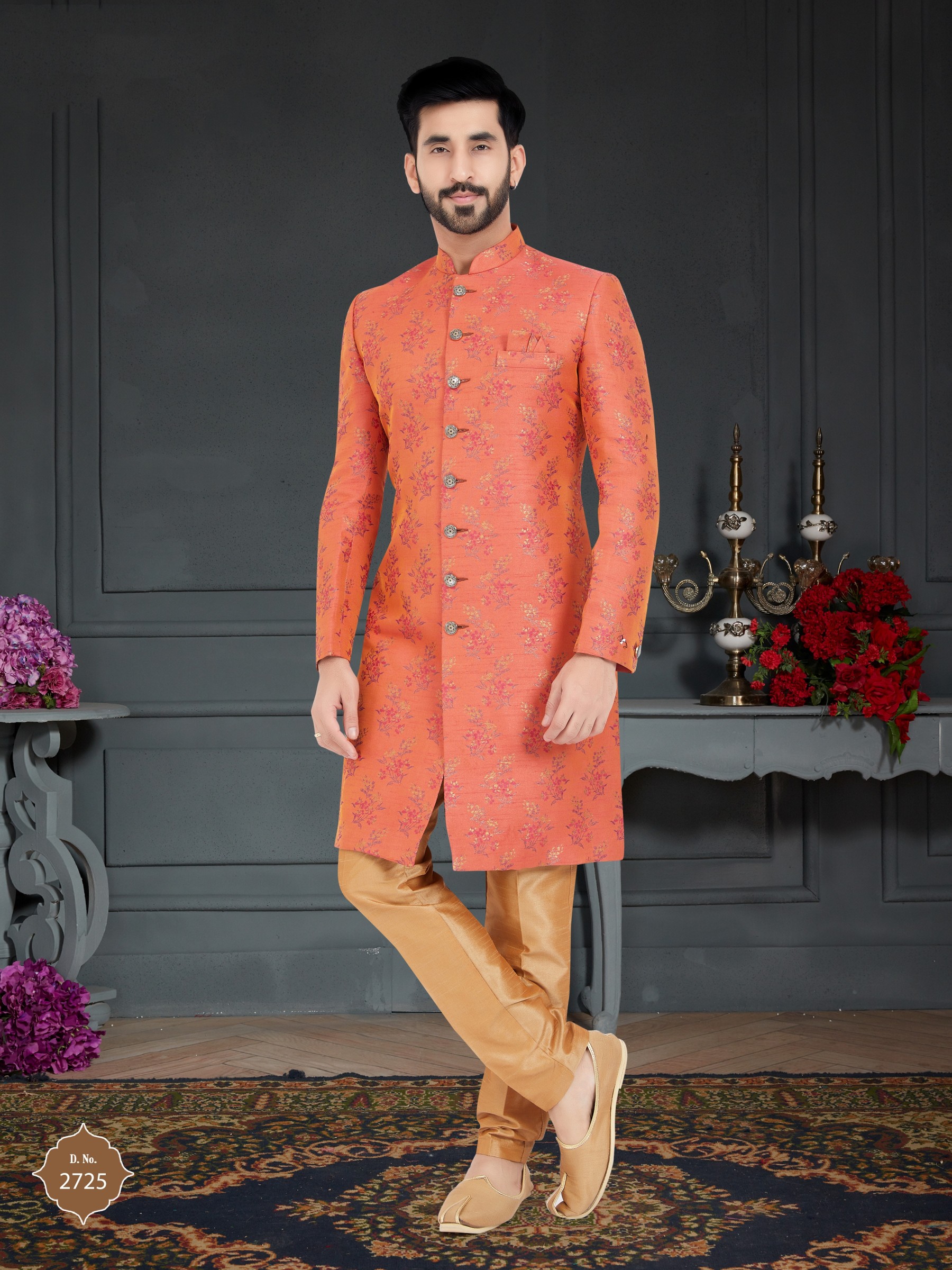Jacquard Silk IndoWestern Ready Made Dress in Orange Color 