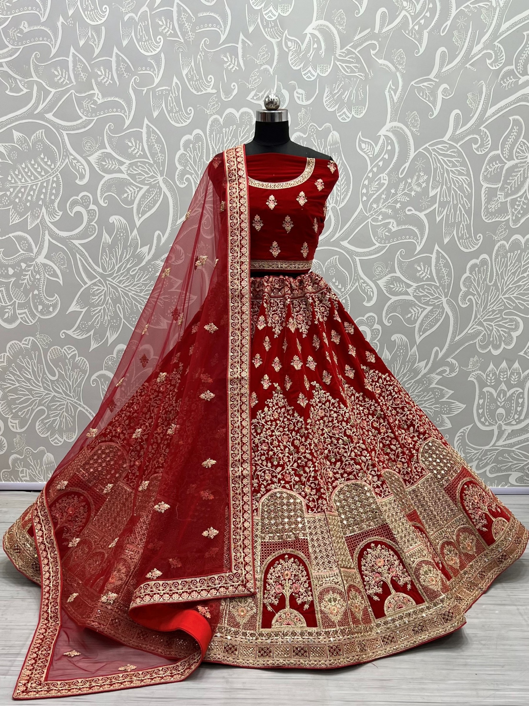 Pure Micro velvet Wedding Wear Lehenga In Red Color With Embroidery Work