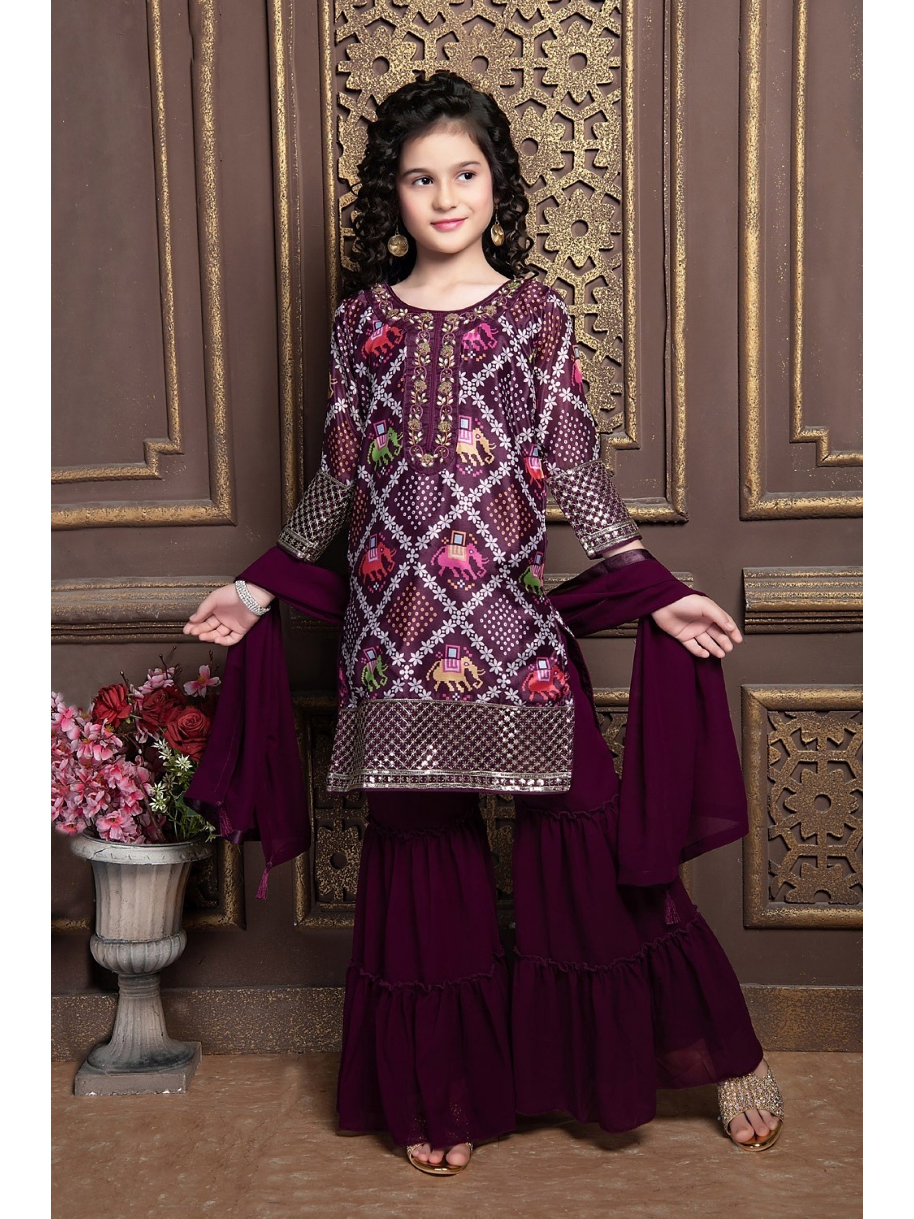 Georgette  Party Wear Kids Sharara In Wine With Embroidery Work 