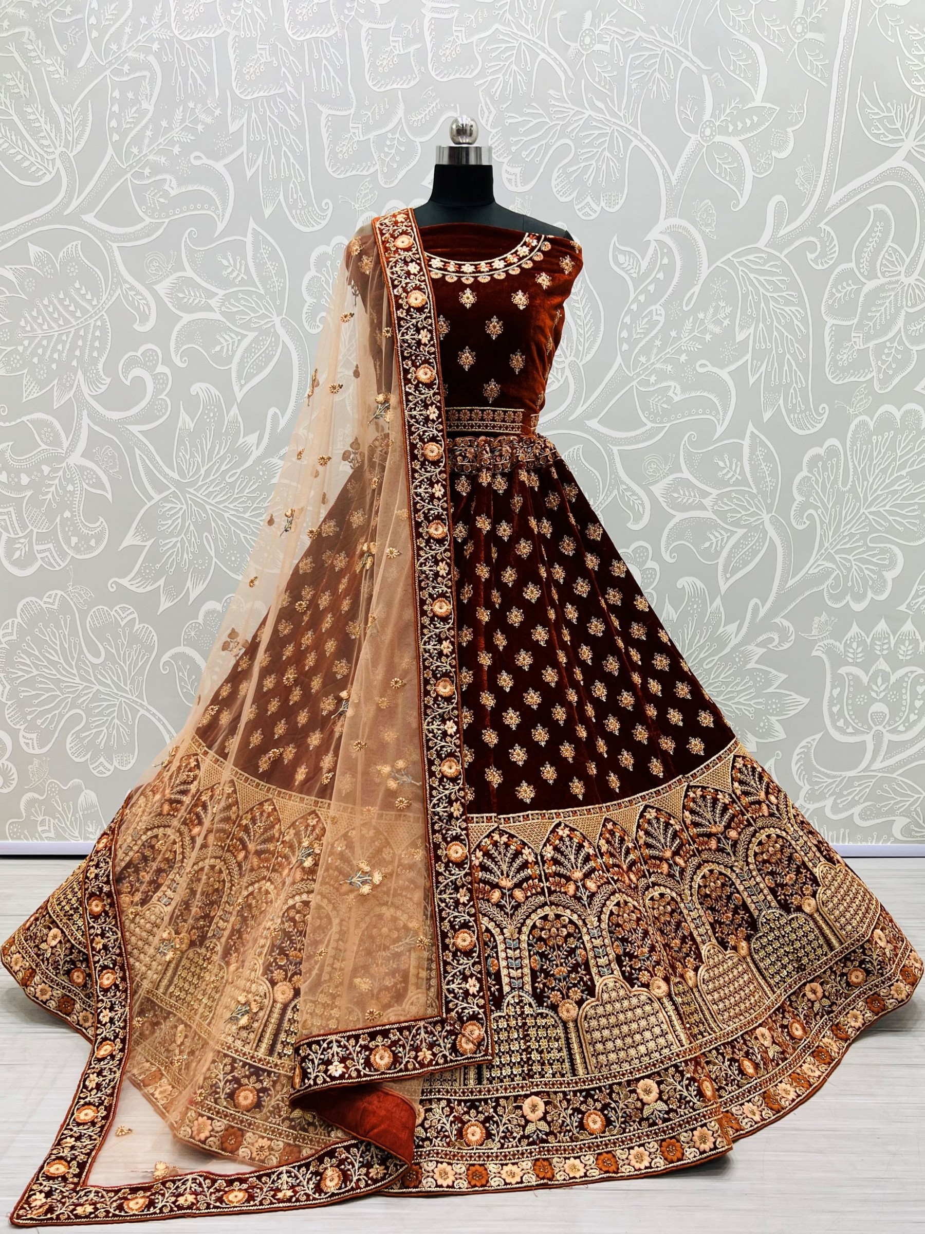 Pure Micro velvet Wedding Wear Lehenga In Coffee Color With Embroidery Work