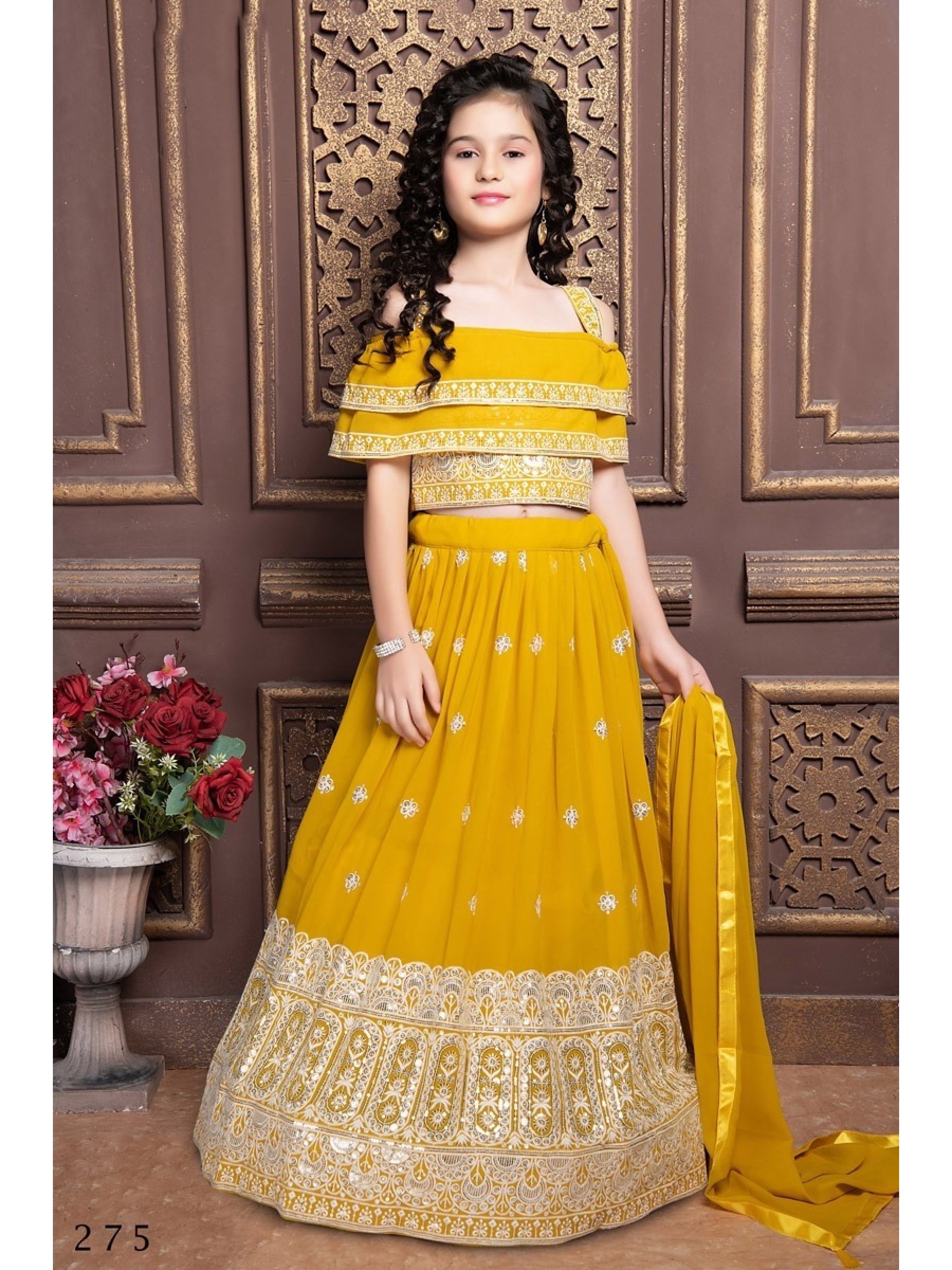 Georgette  Party Wear Kids Lehenga In Yellow With Embroidery Work 