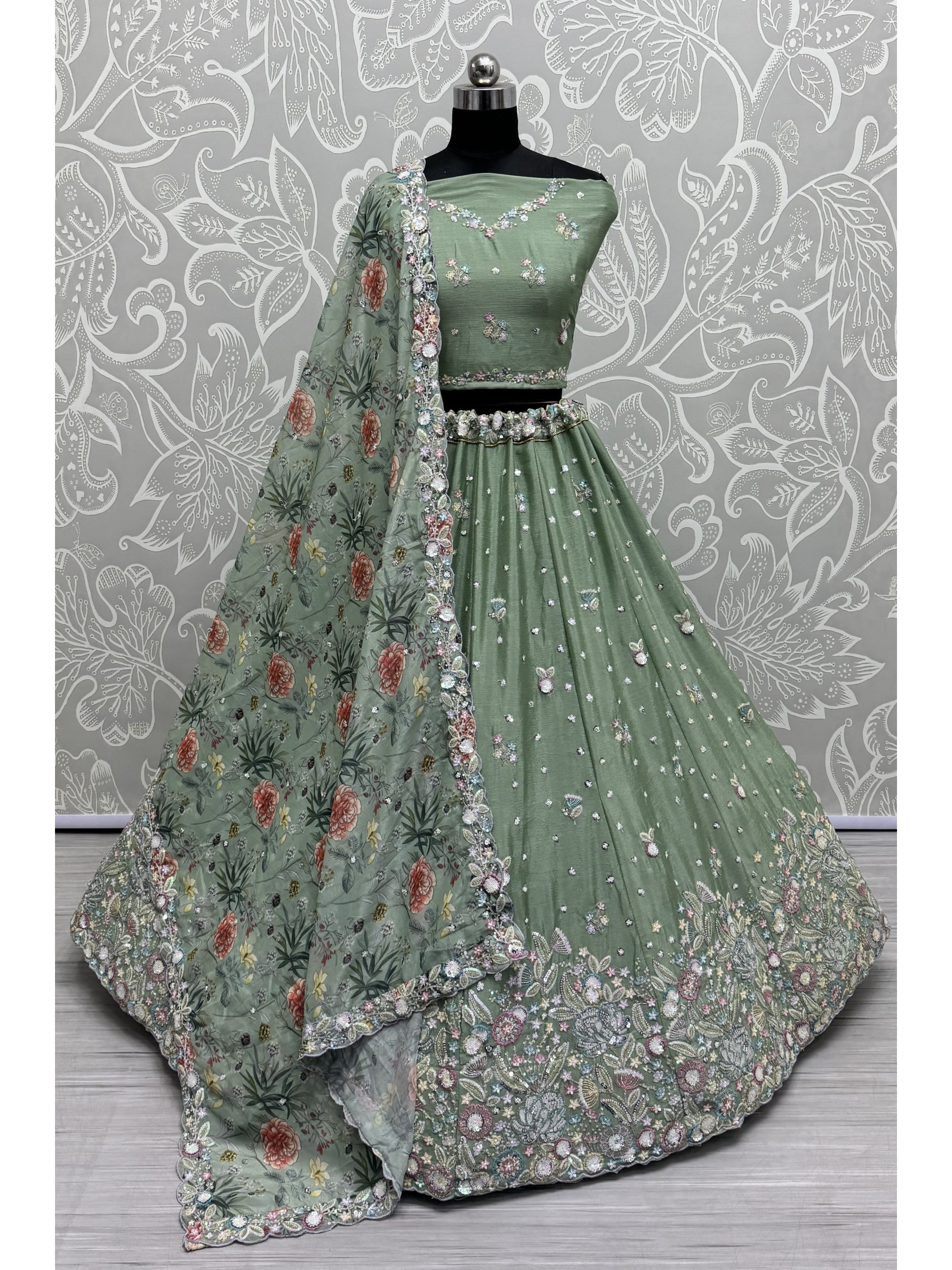 Pure Chinon Velvet Wedding Wear Lehenga In Sea Green Color With Embroidery Work