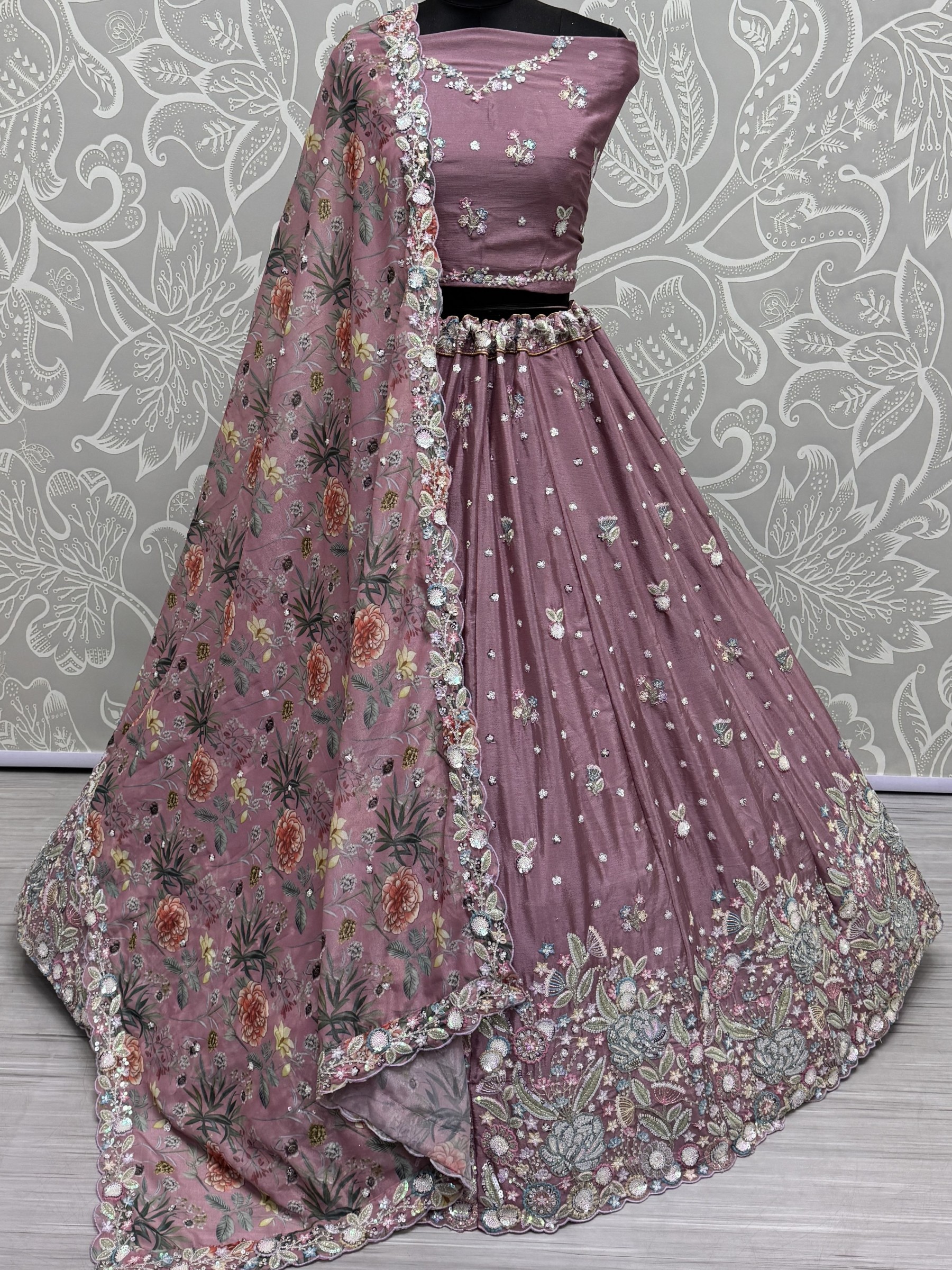 Pure Chinon Velvet Wedding Wear Lehenga In Pink Color With Embroidery Work