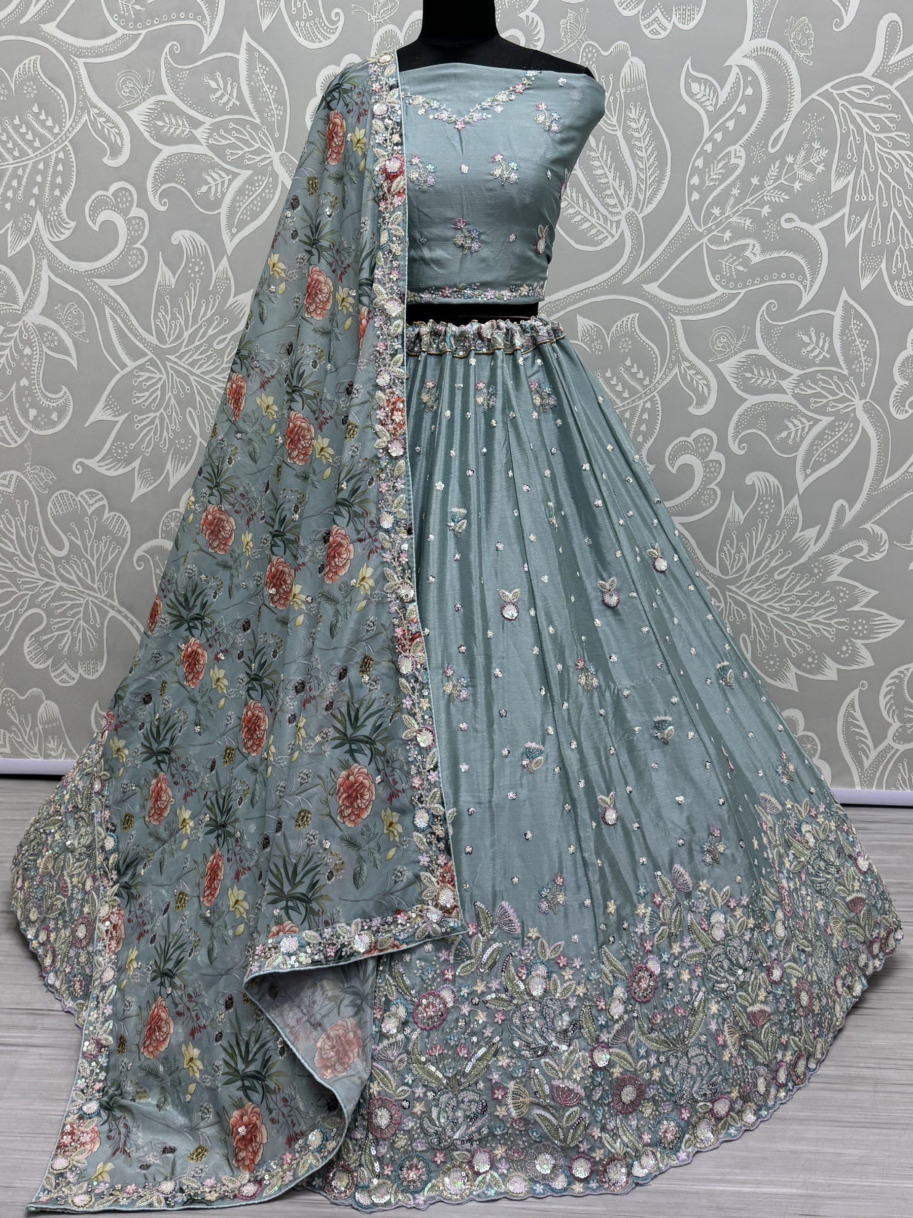 Pure Chinon Velvet Wedding Wear Lehenga In Grey Color With Embroidery Work