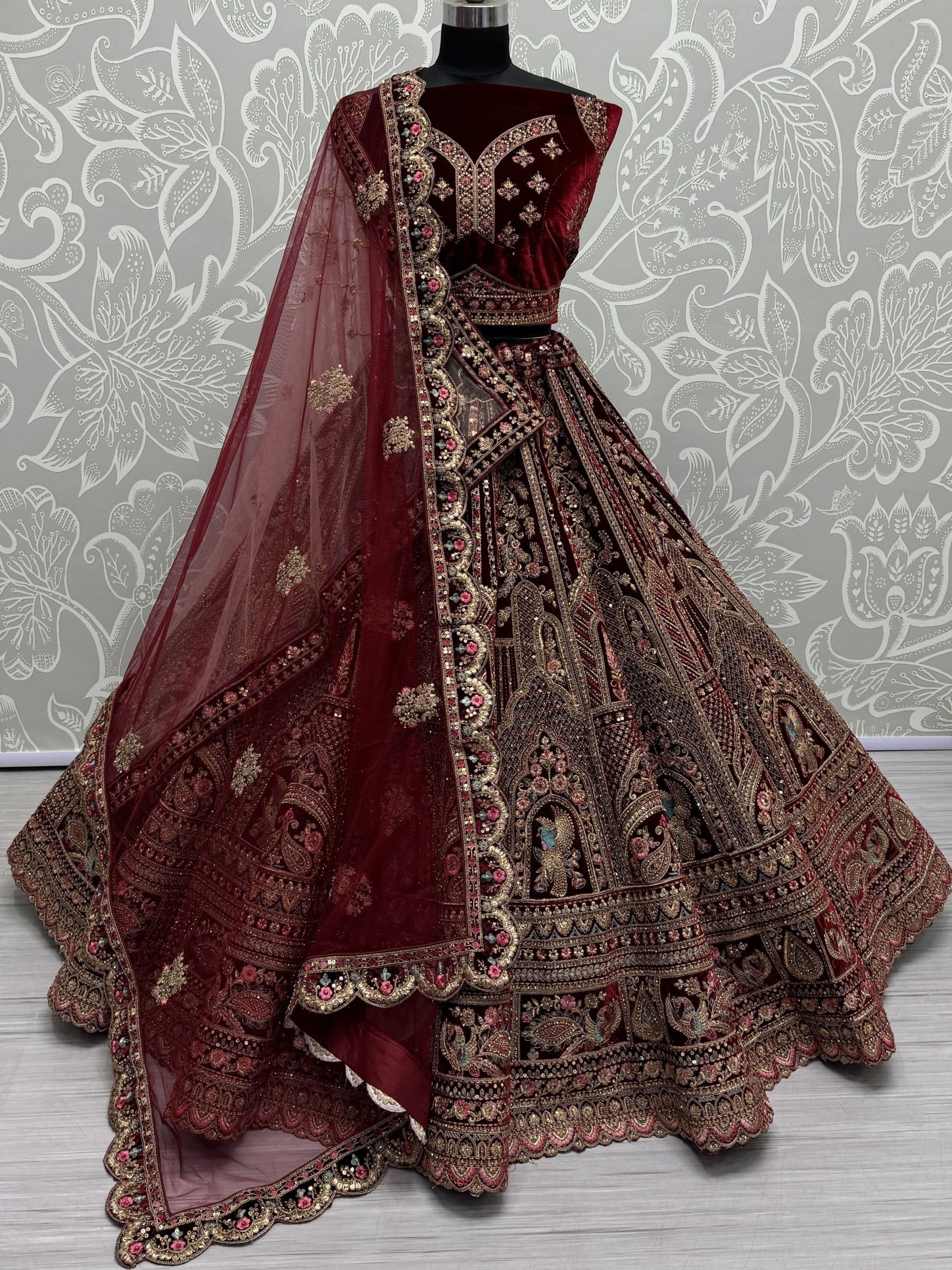 Pure Micro Velvet Wedding Wear Lehenga In Red Maroon Color With Embroidery Work