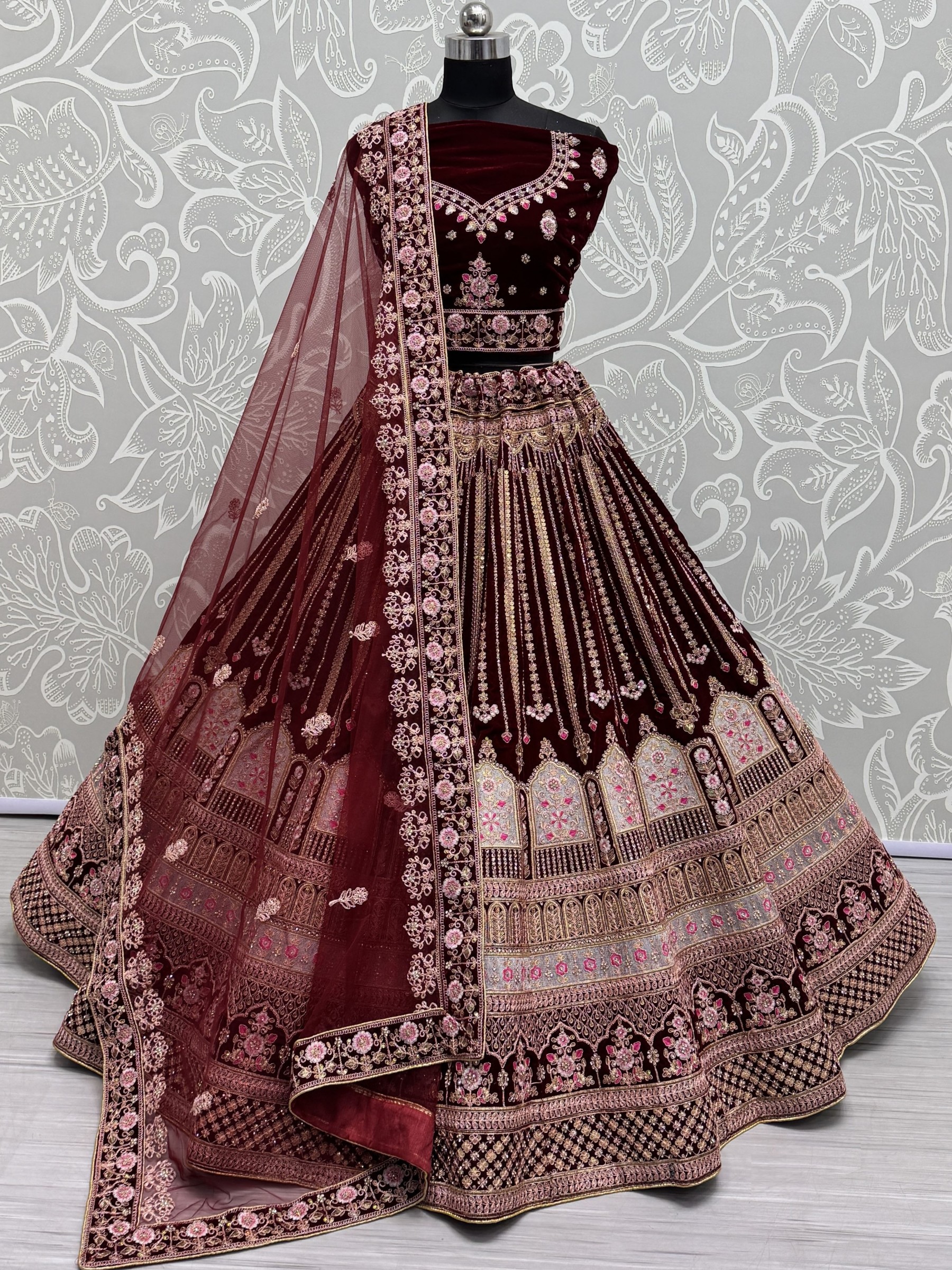 Pure Micro Velvet Wedding Wear Lehenga In Wine Color With Embroidery Work