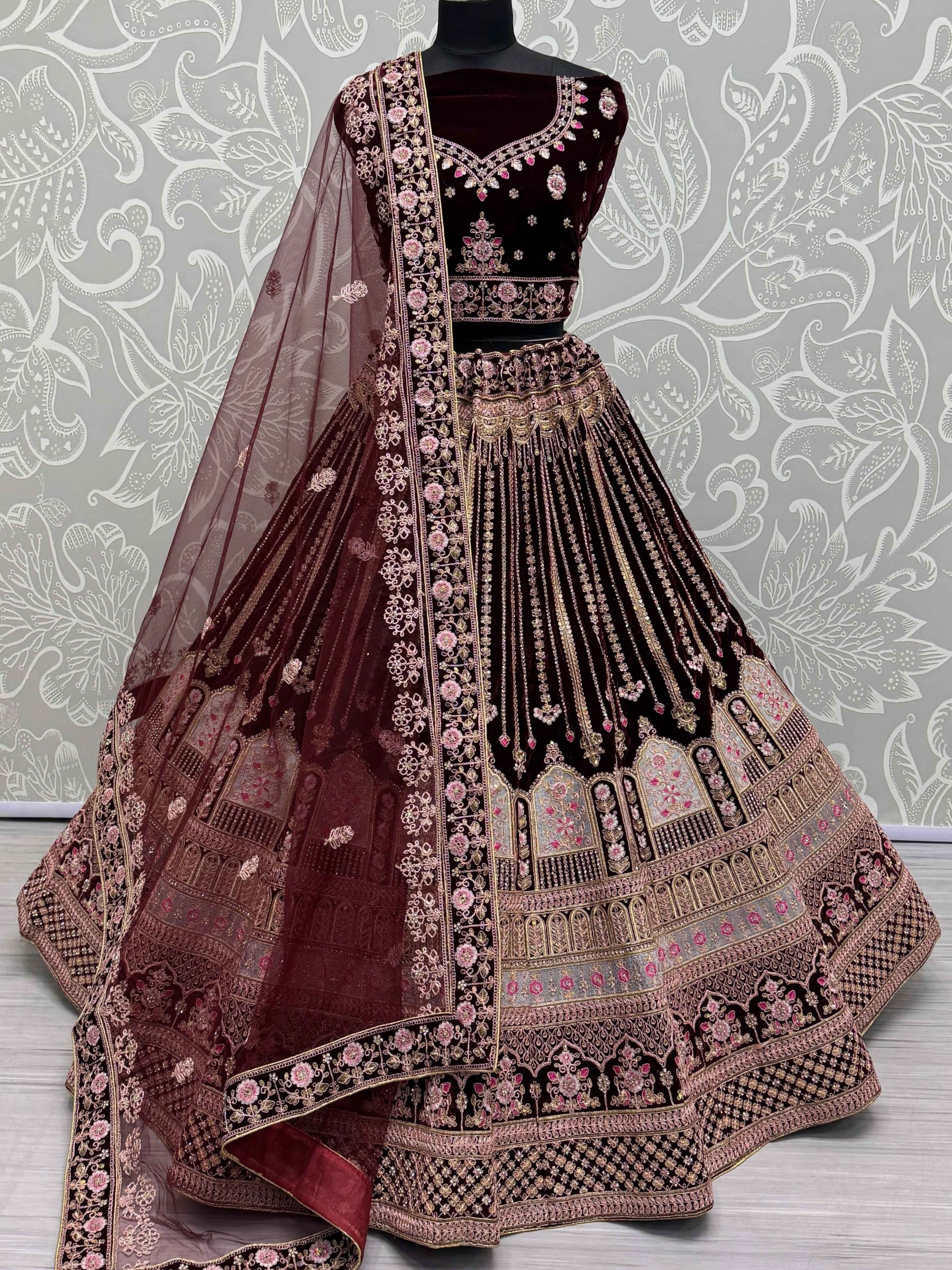 Pure Micro Velvet Wedding Wear Lehenga In Dark Maroon Color With Embroidery Work