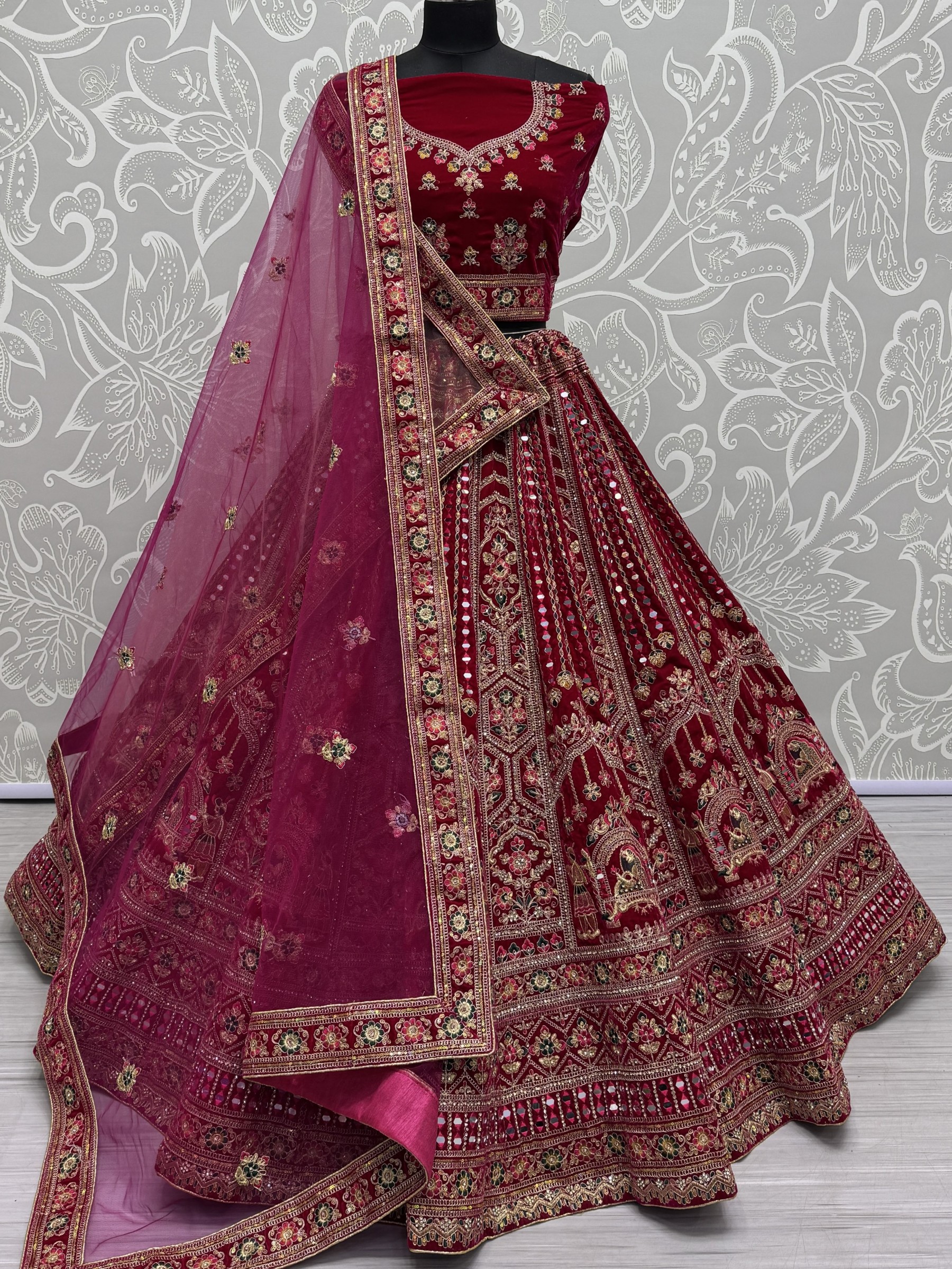 Pure Micro Velvet Wedding Wear Lehenga In Rani Pink Color With Embroidery Work