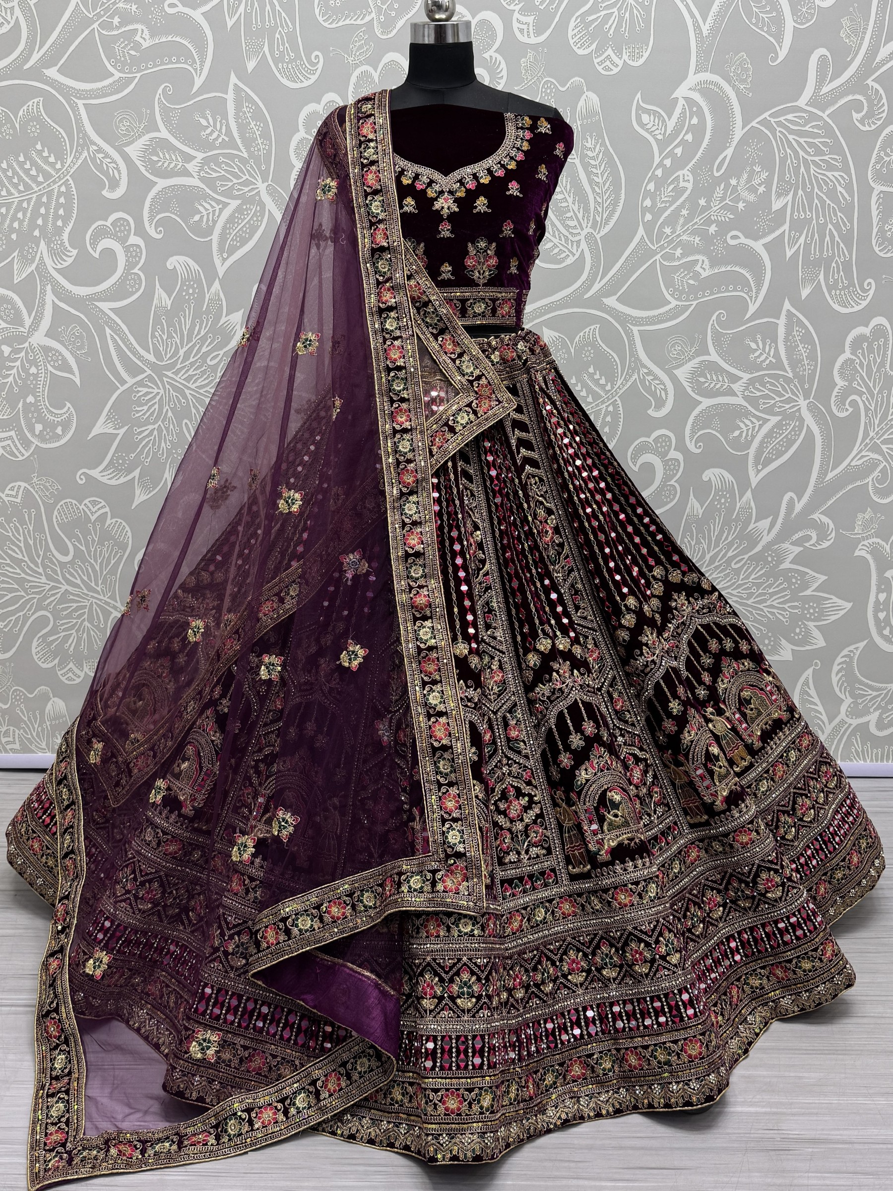 Pure Micro Velvet Wedding Wear Lehenga In Wine Color With Embroidery Work