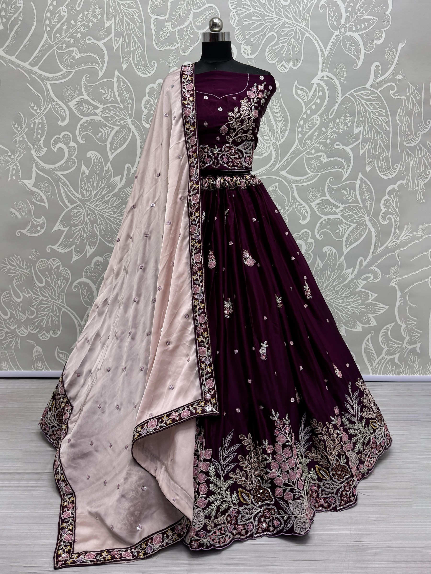 Pure Silk Fabric Lehenga In Purple Color With Embroidery Work