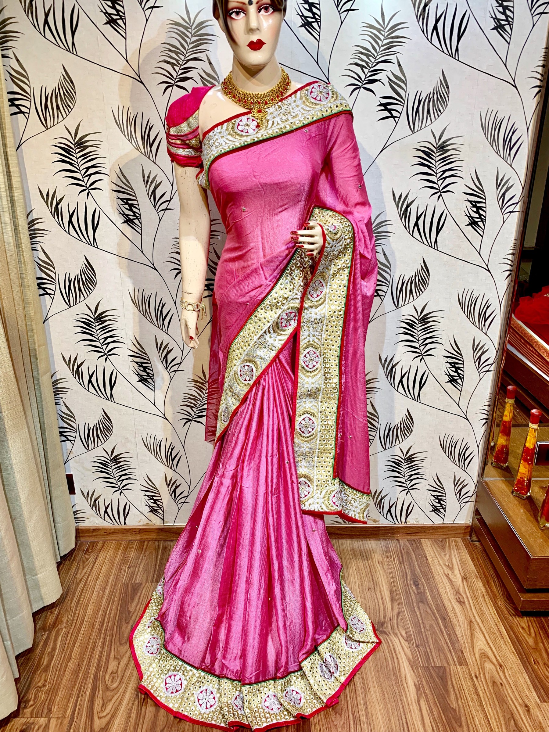Pure Crape Silk Party Wear Saree In Pink WIth Embroidery Work & Crystal Stone work   