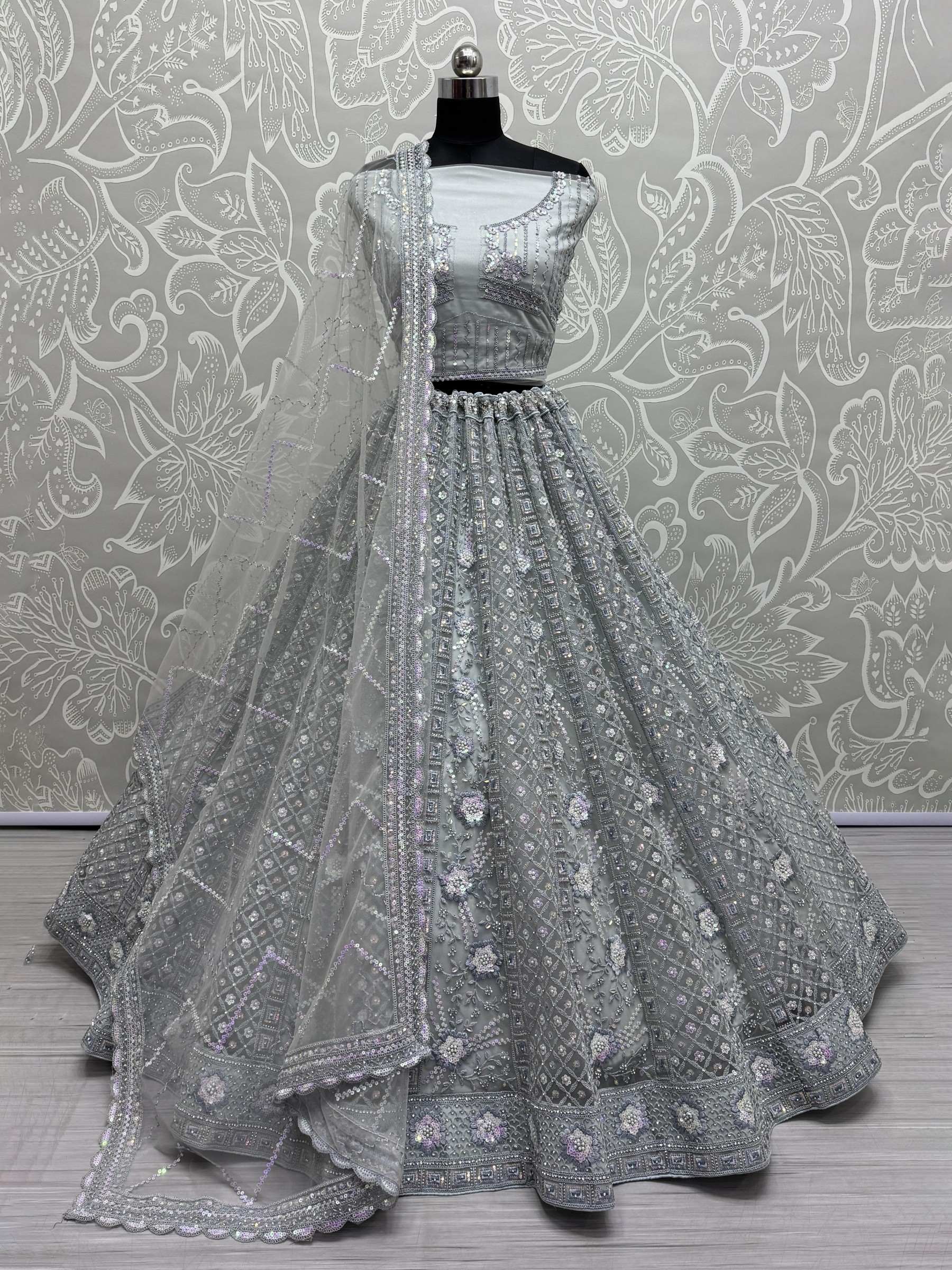 Soft Premium net Wedding Wear Lehenga In Grey Color With Embroidery Work 