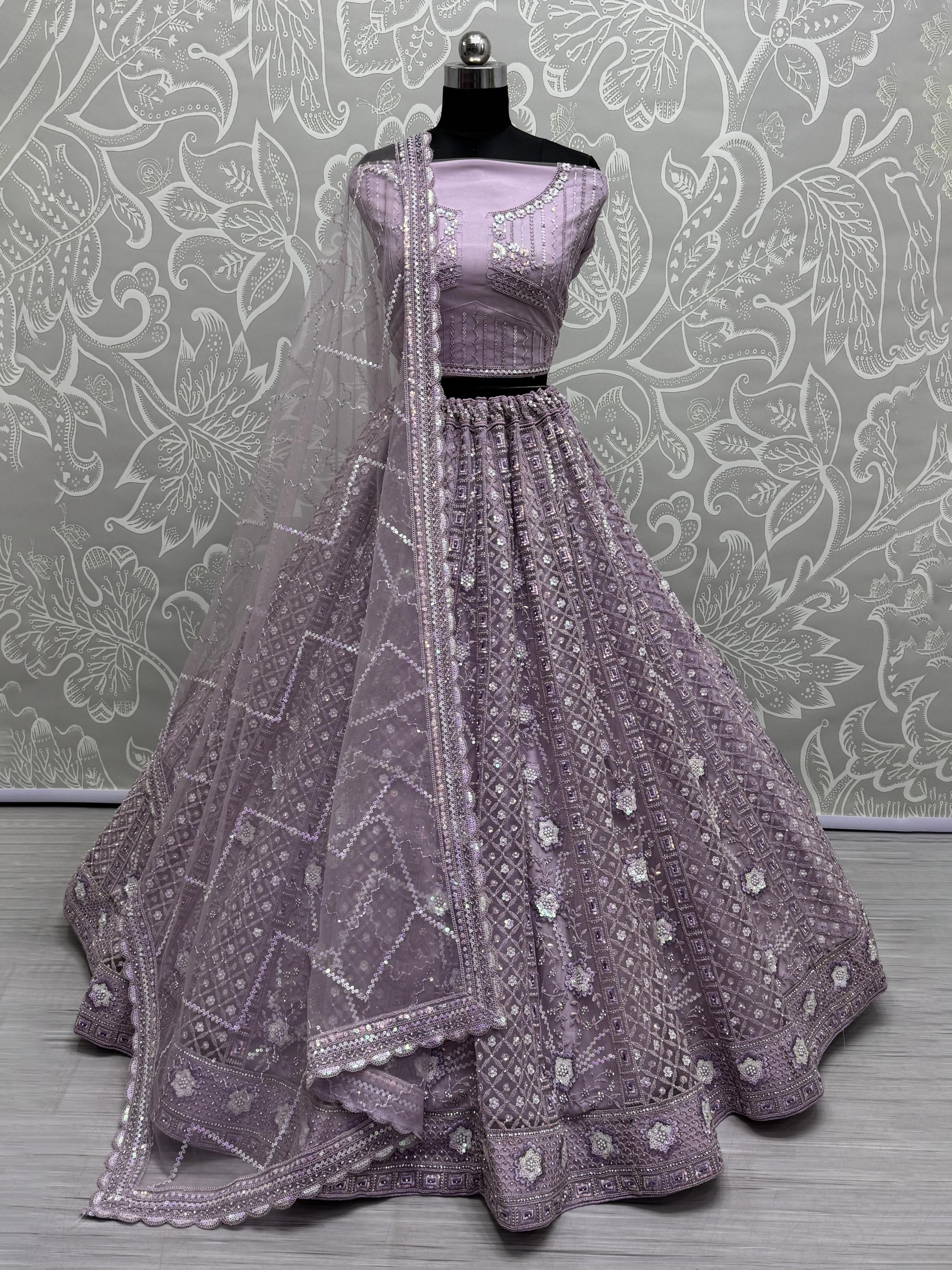 Soft Premium net Wedding Wear Lehenga In Lavender Color With Embroidery Work 