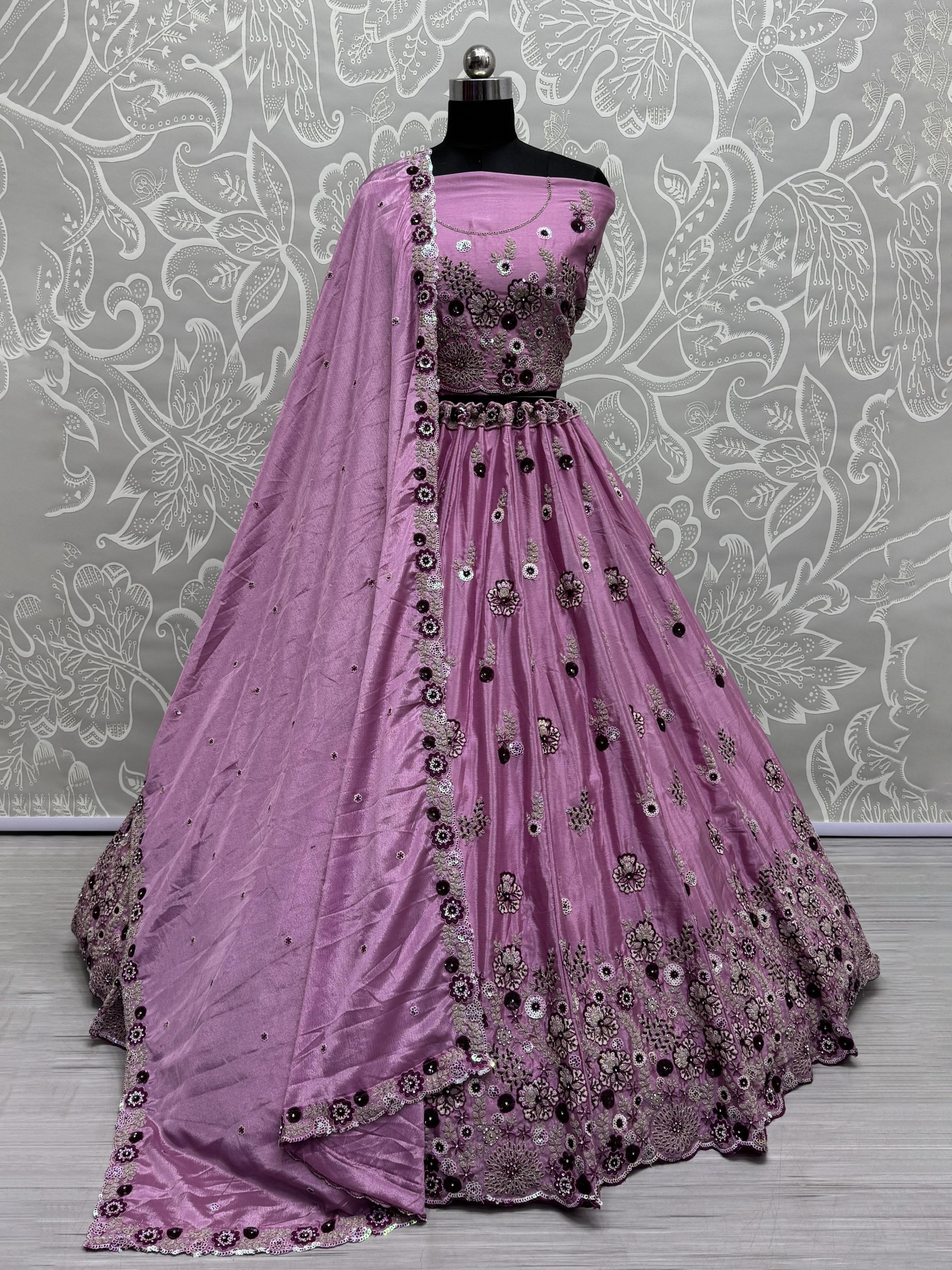 Pure Chinon Silk Party Wear Lehenga In Lilac Pink Color With Embroidery Work 