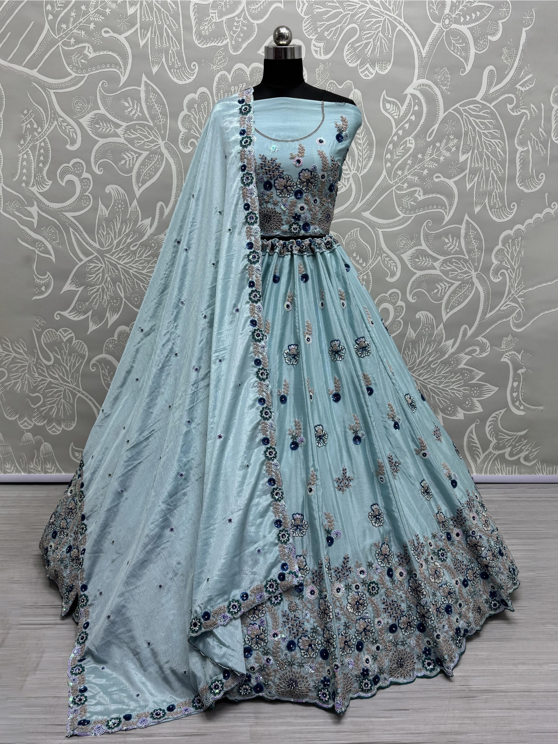 Pure Chinon Silk Party Wear Lehenga In Sky Blue Color With Embroidery Work 