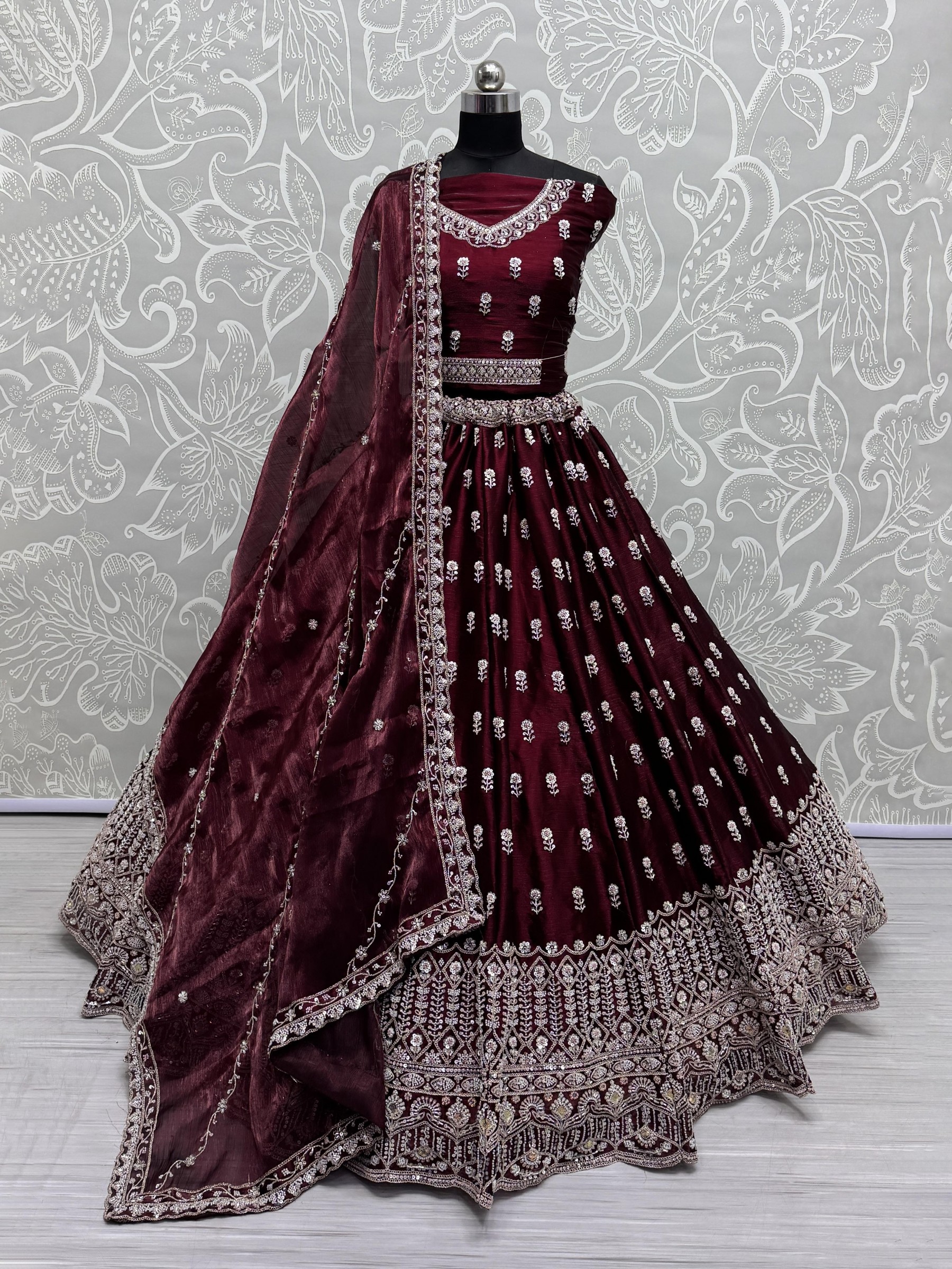 Pure Silk Fabric Wedding Wear Lehenga In Maroon Color With Embroidery Work