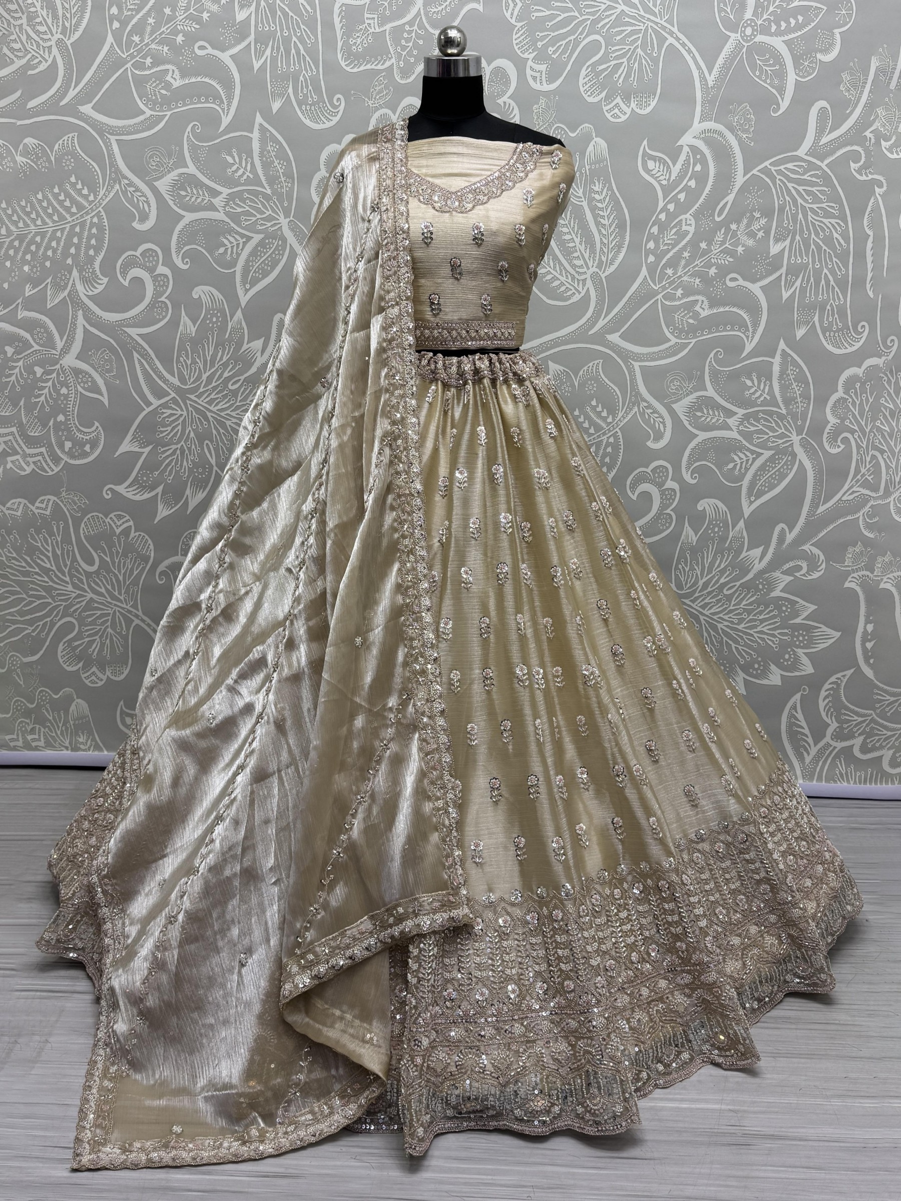 Pure Silk Fabric Wedding Wear Lehenga In Golden Color With Embroidery Work