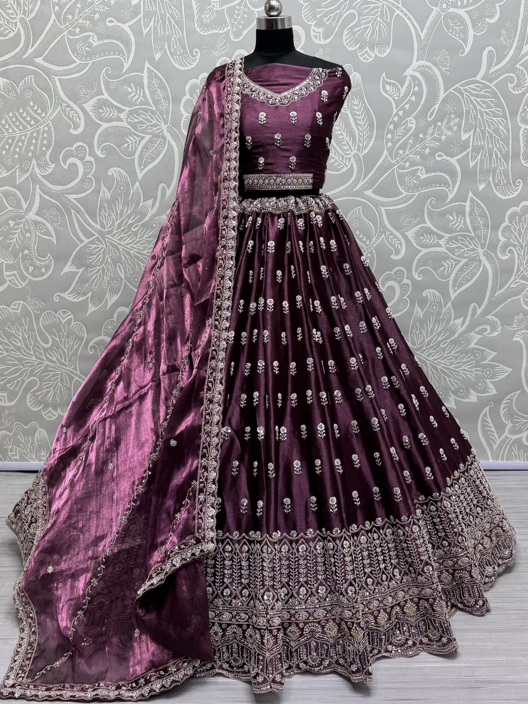 Pure Silk Fabric Wedding Wear Lehenga In Purple Color With Embroidery Work