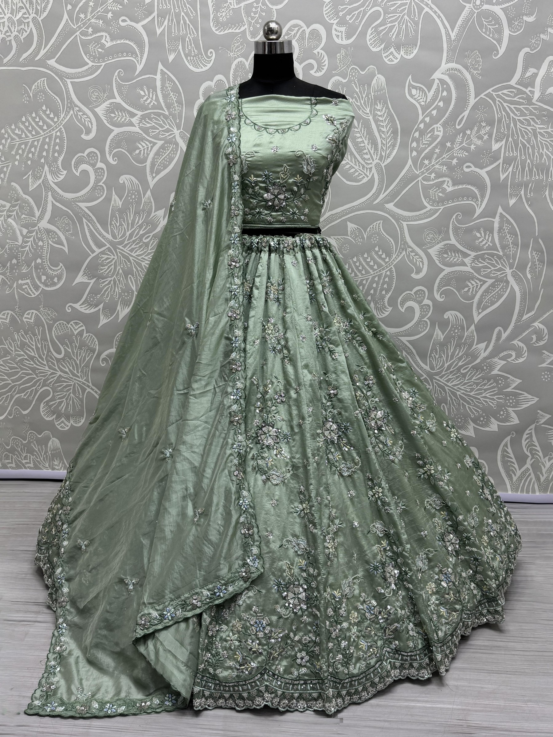 Pure Silk Fabric Wedding Wear Lehenga In Lime Green Color With Embroidery Work