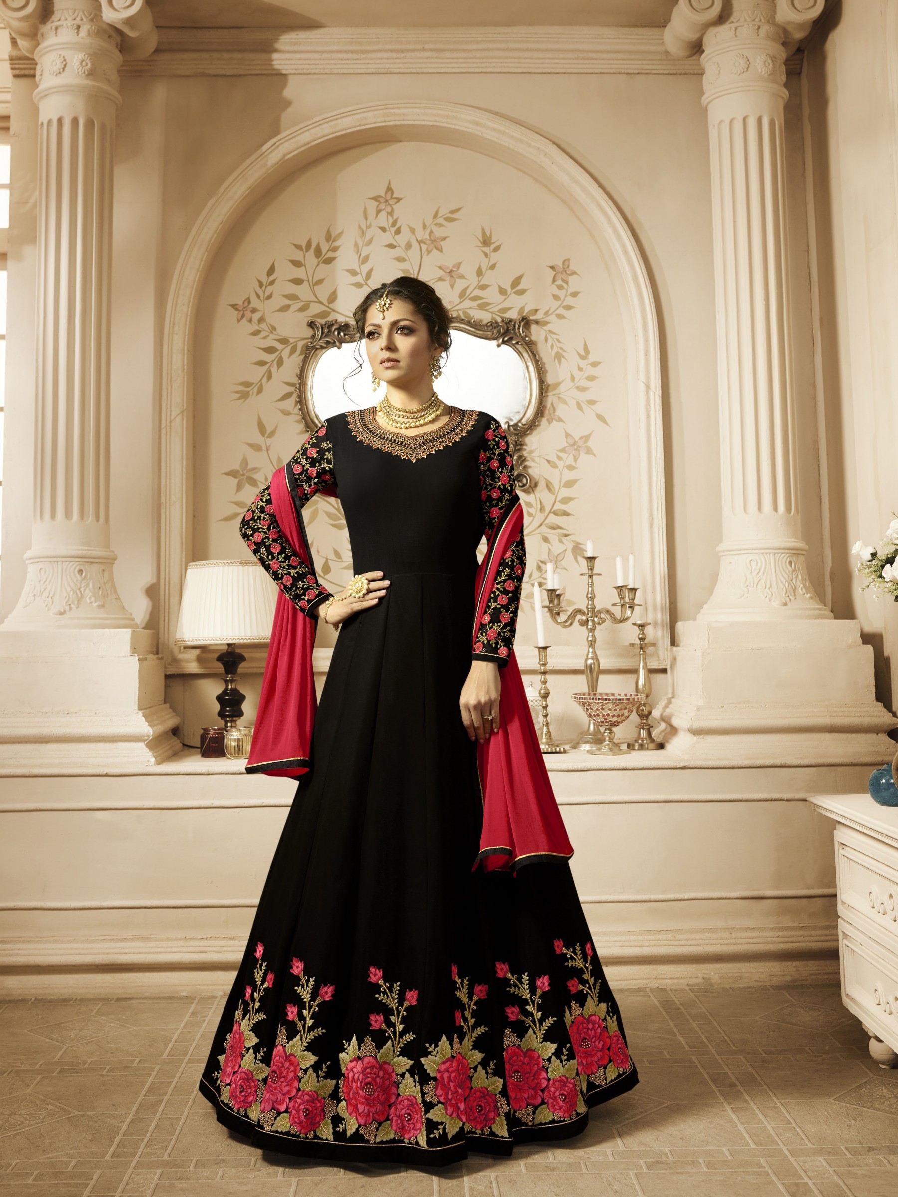 Bemberg Party Wear  Readymade Gown In Black With Stone Work 