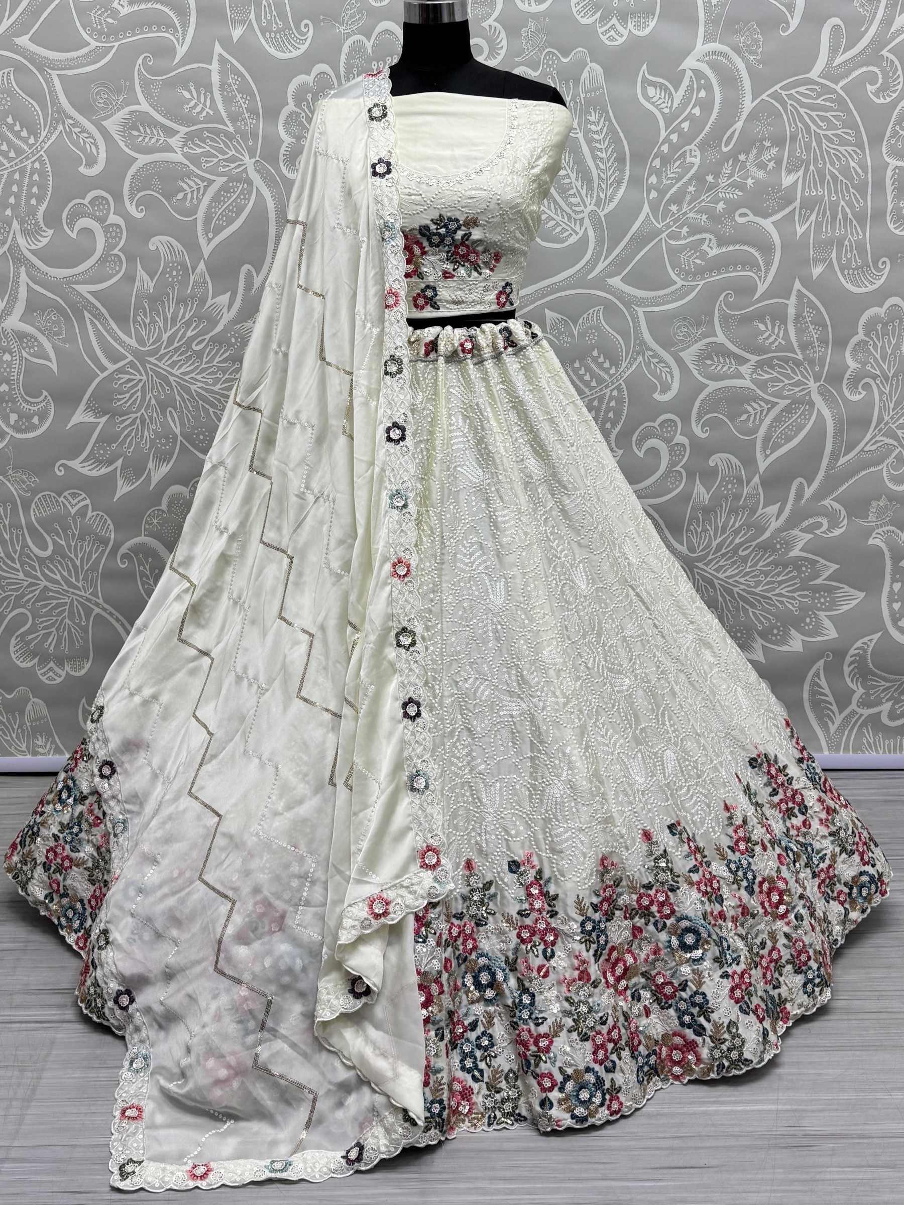 Pure Chinon Fabric Wedding Wear Lehenga In Off White Color With Embroidery Work
