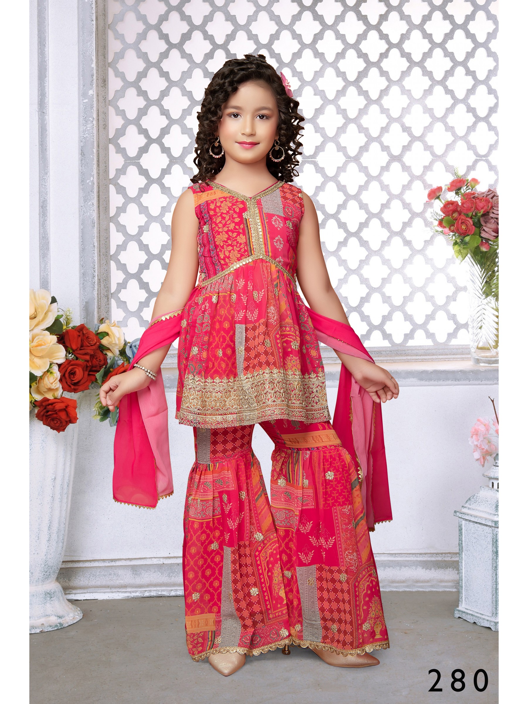 Georgette  Party Wear Kids Sharara In Pink With Embroidery Work 