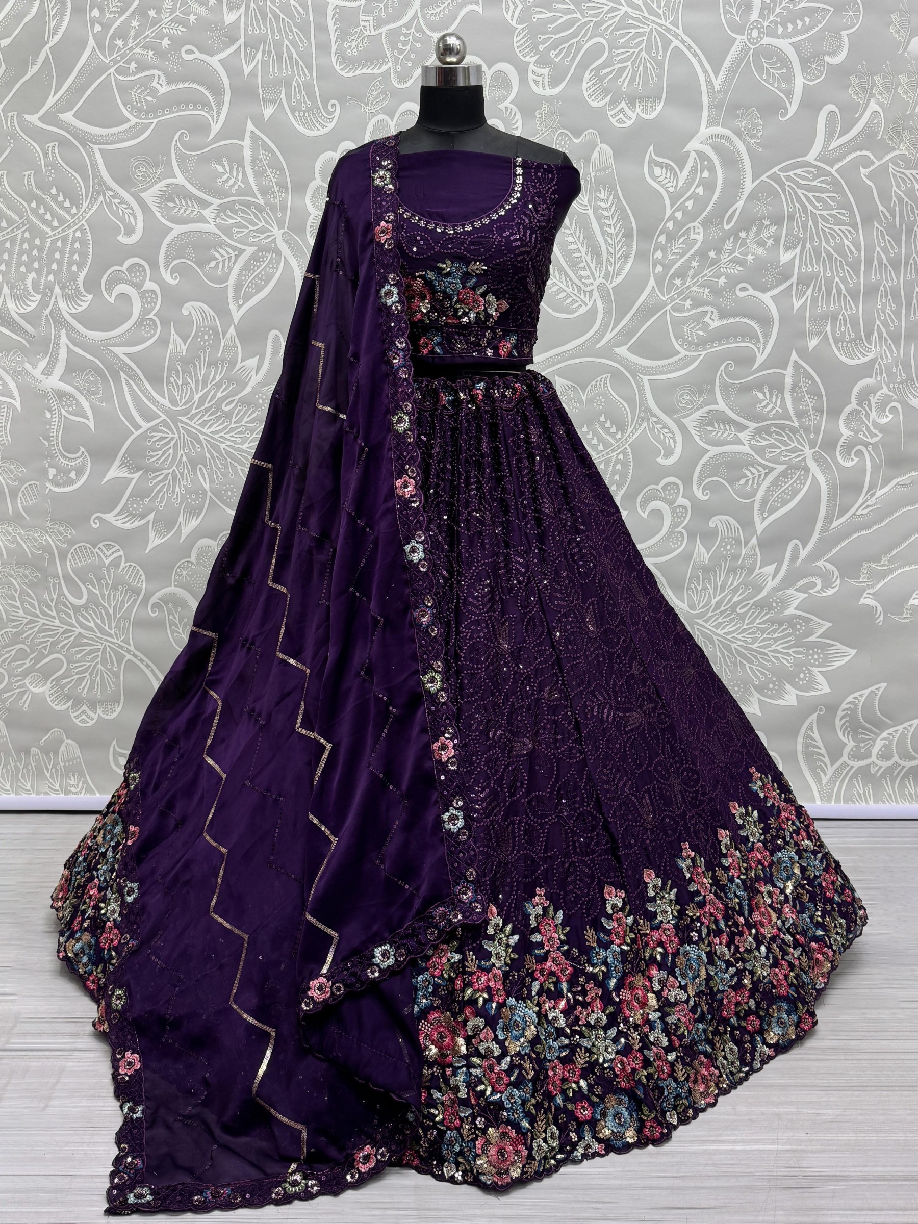 Pure Chinon Fabric Wedding Wear Lehenga In Purple Color With Embroidery Work