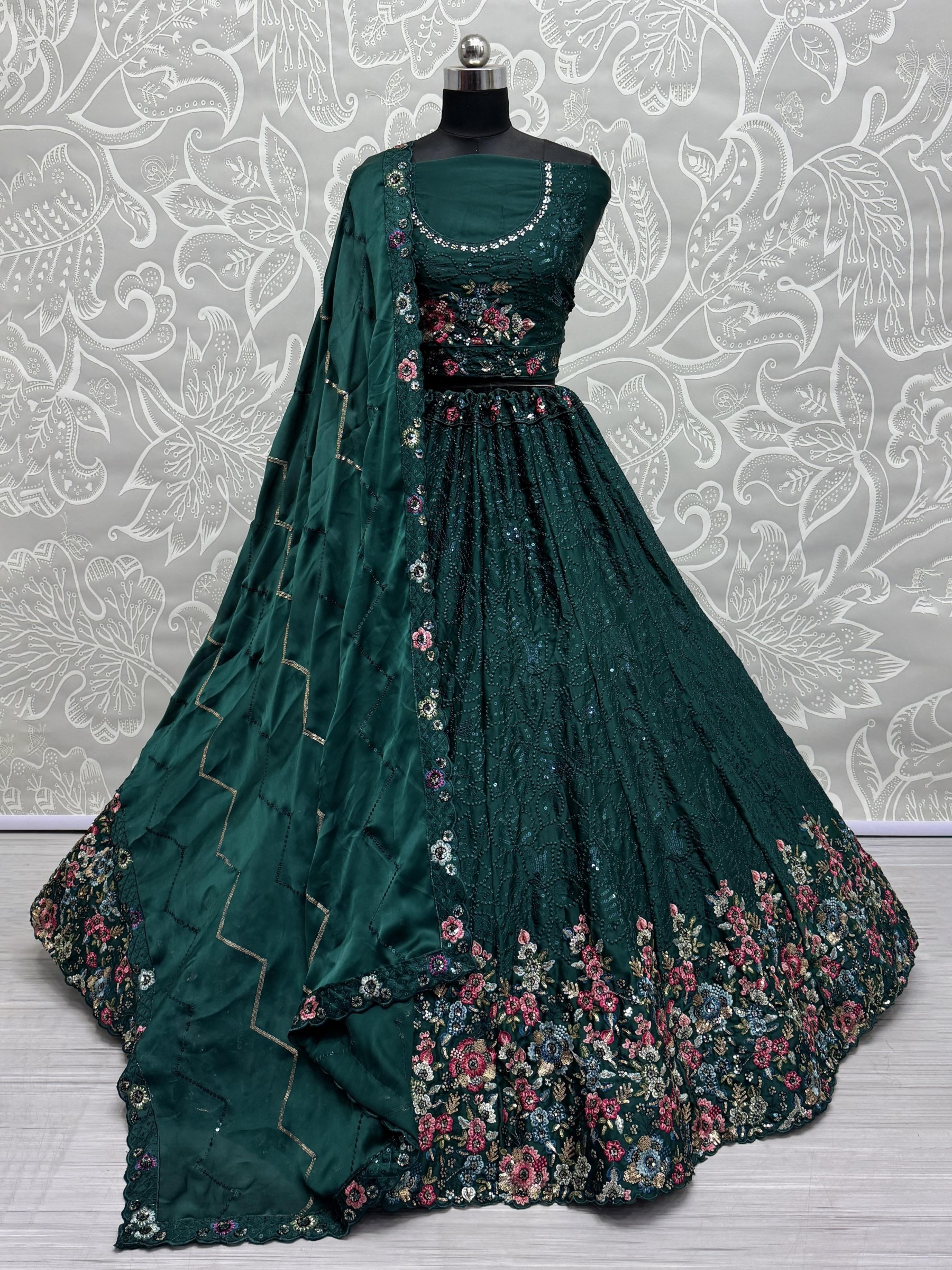 Pure Chinon Fabric Wedding Wear Lehenga In Green Color With Embroidery Work