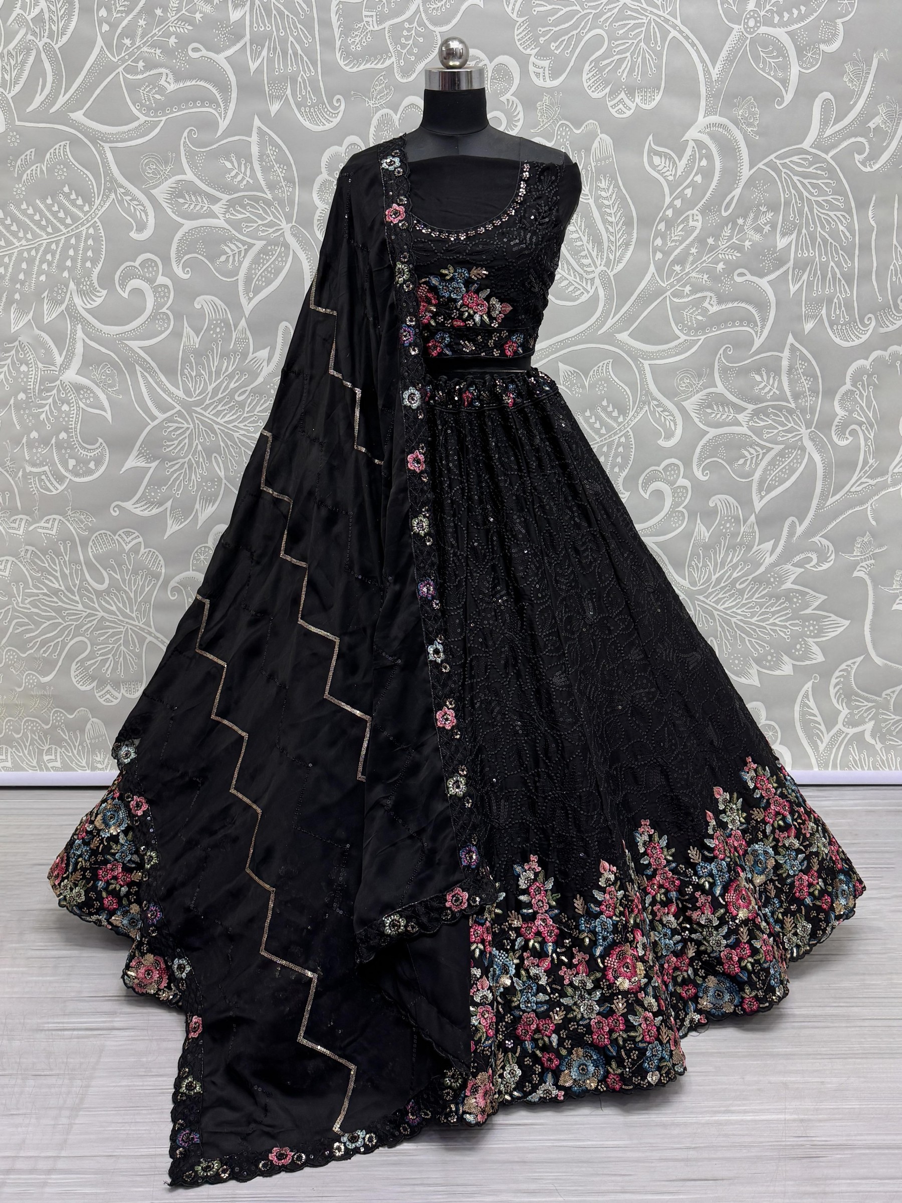 Pure Chinon Fabric Wedding Wear Lehenga In Black Color With Embroidery Work
