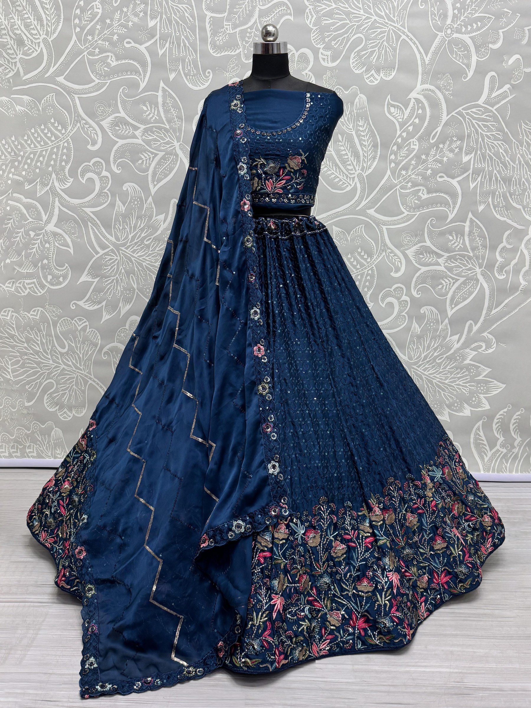 Pure Chinon Fabric Wedding Wear Lehenga In Blue Color With Embroidery Work