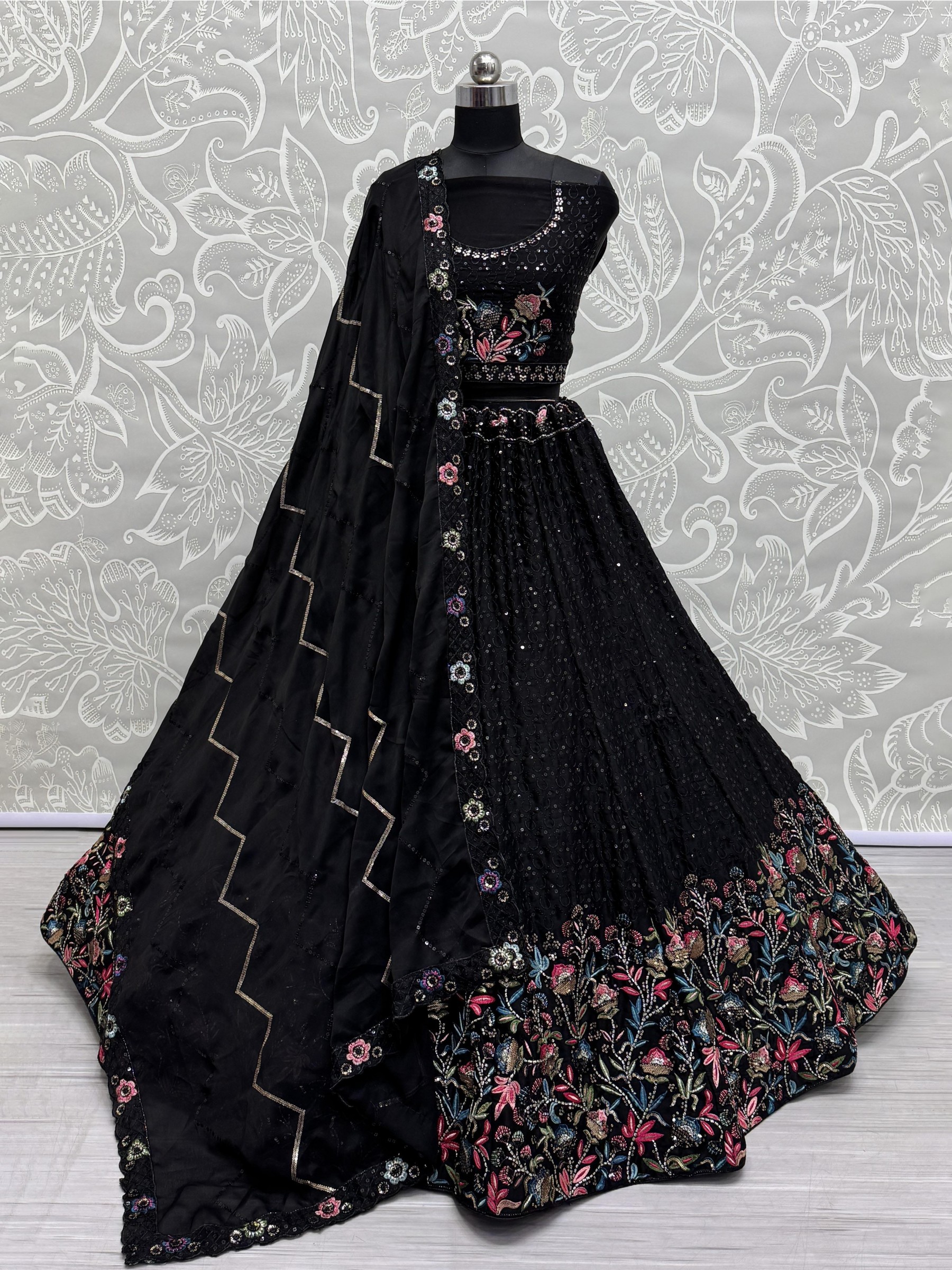 Pure Chinon Fabric Wedding Wear Lehenga In Black Color With Embroidery Work
