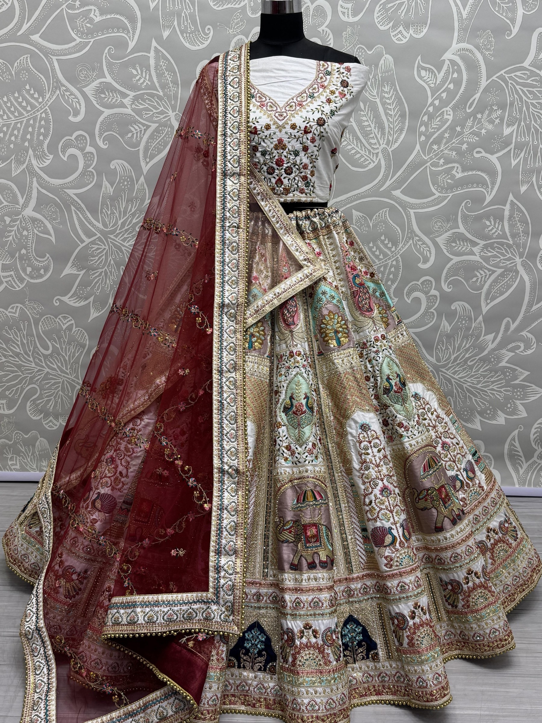 Pure Silk Fabric Wedding Wear Lehenga In White Color With Embroidery Work