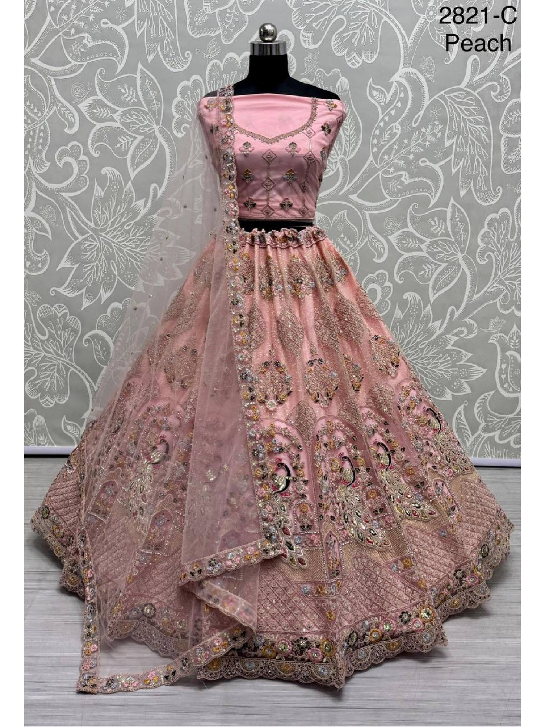 Soft Premium net  Wedding Wear Lehenga In Peach Color With Embroidery Work