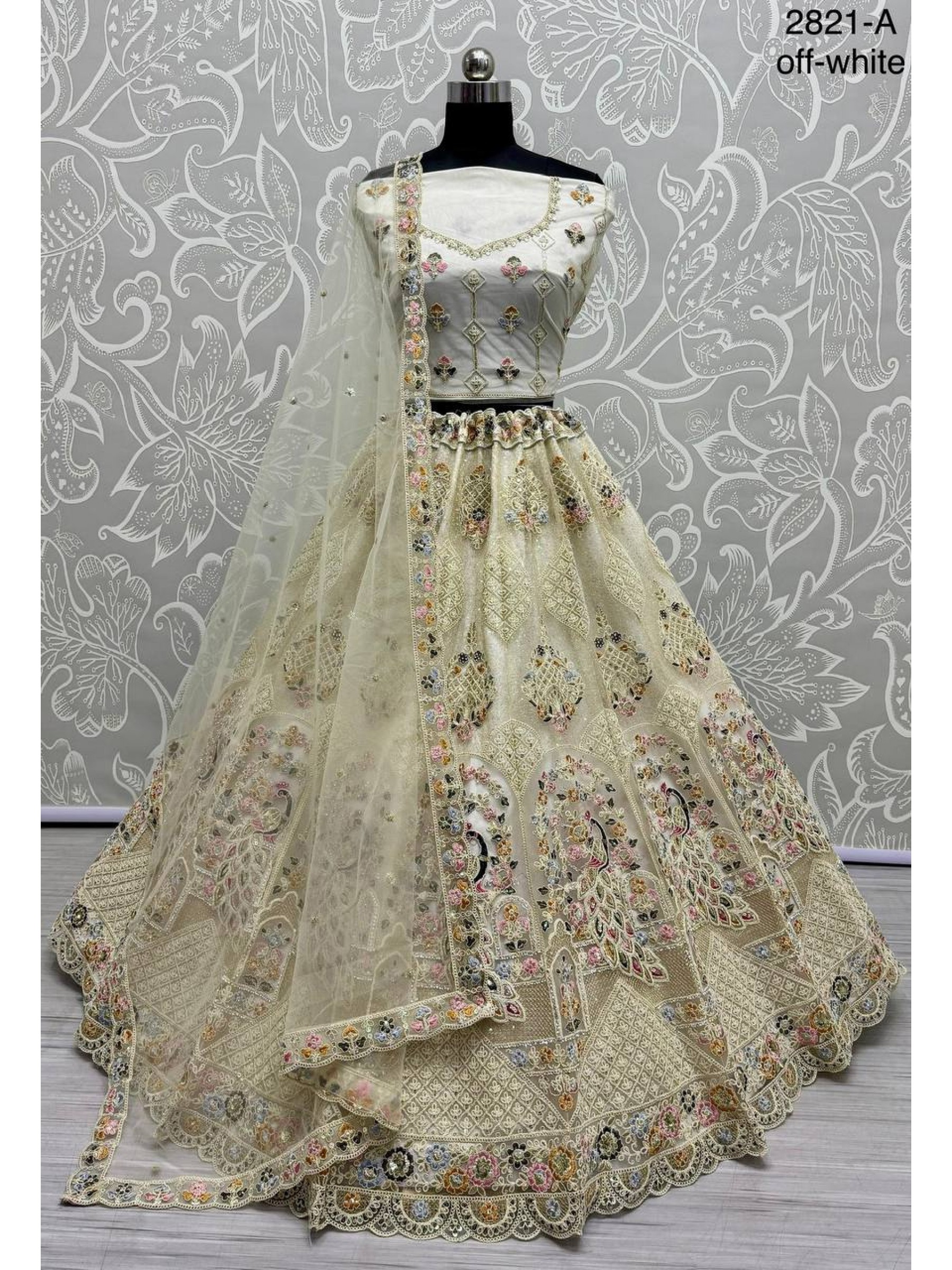 Soft Premium net  Wedding Wear Lehenga In Off White Color With Embroidery Work