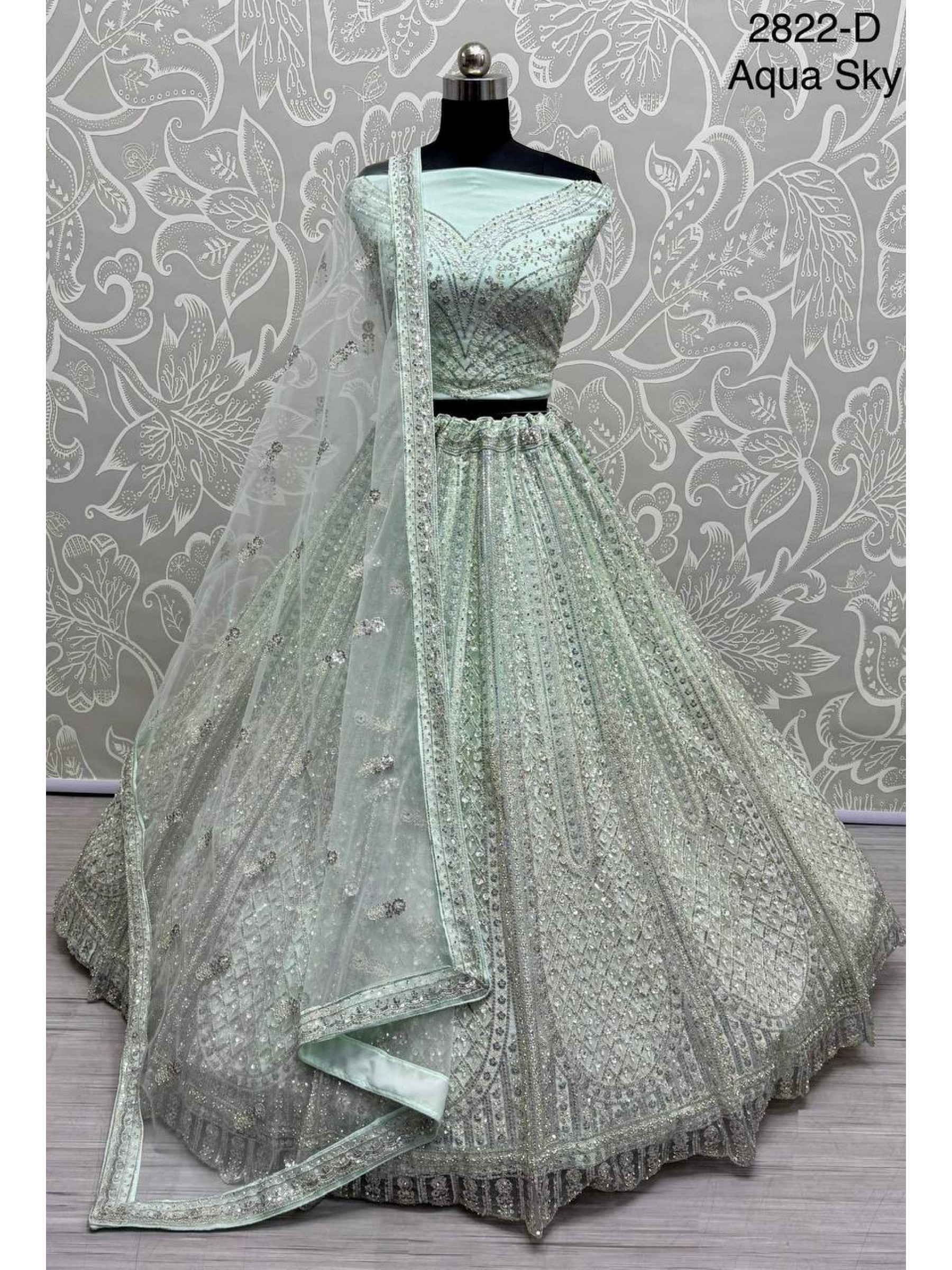 Soft Premium net  Wedding Wear Lehenga In Aqua Sky Color With Embroidery Work