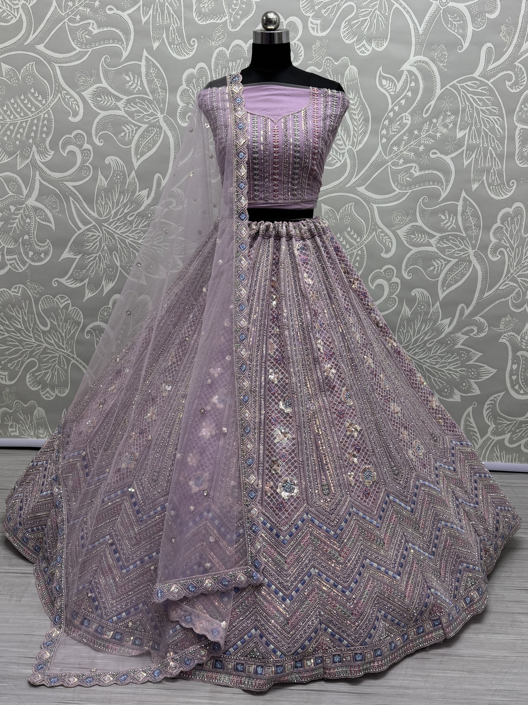 Soft Premium Net Fabric Wedding Wear Lehenga In Lavender Color With Embroidery Work