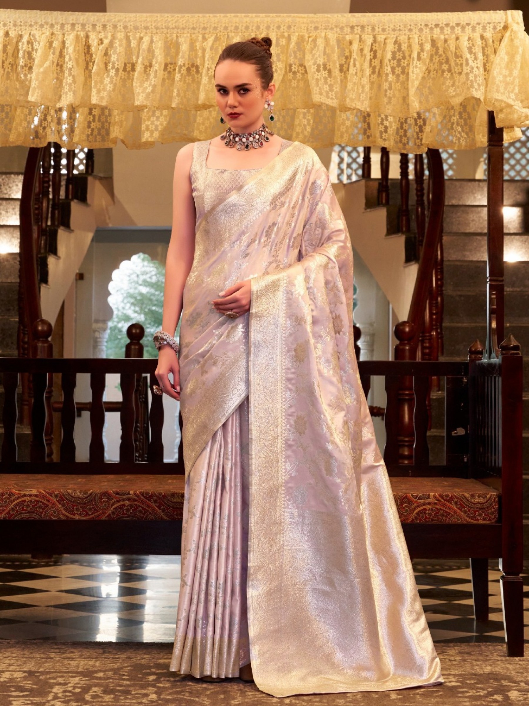 Pure Satin Silk Party wear Saree In Light Pink Color with Zari Weaving 