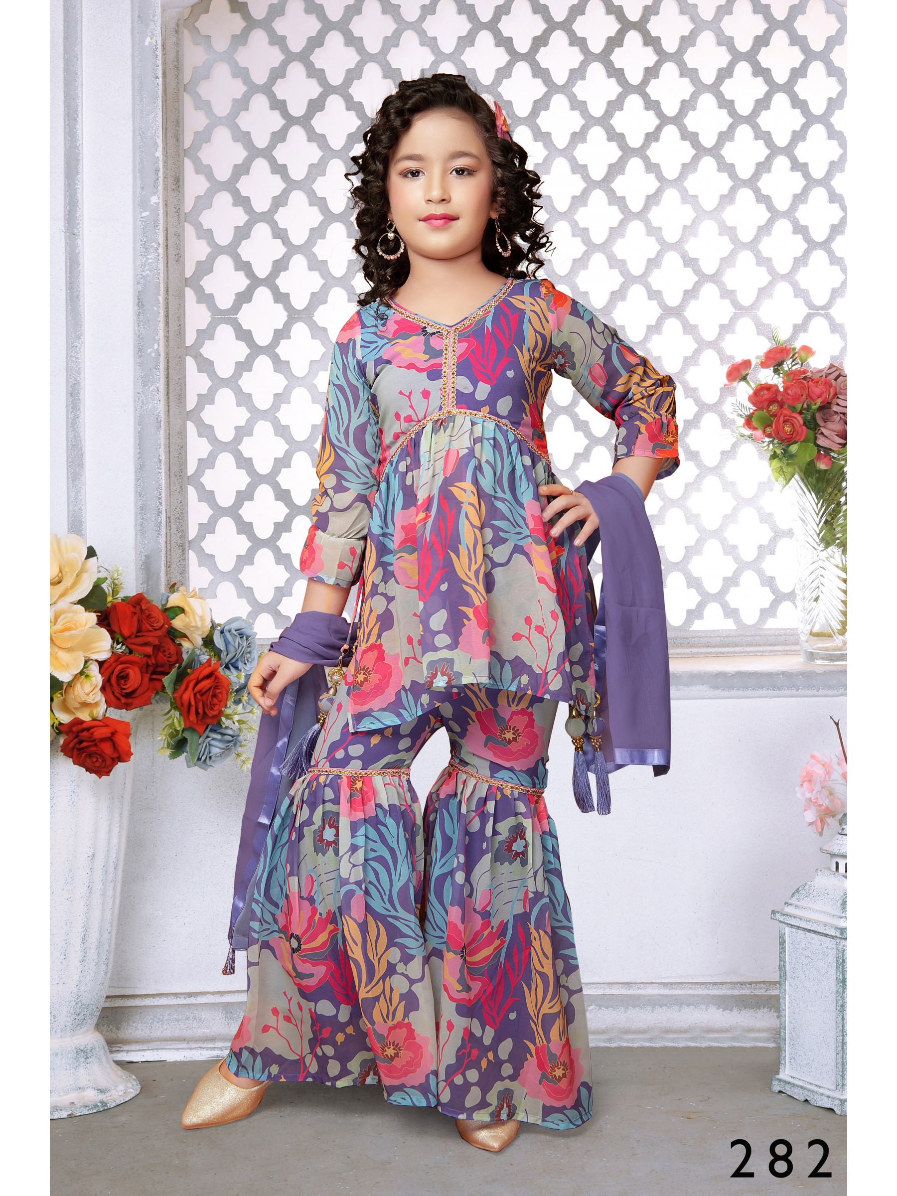 Georgette  Party Wear Kids Sharara In Purple With Embroidery Work 