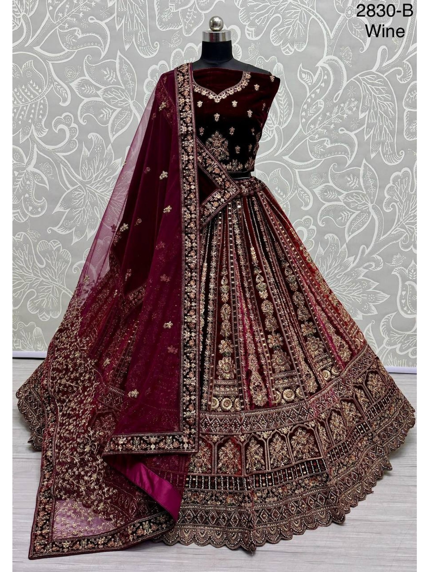 Pure Micro Velvet Wedding Wear Lehenga In Wine Color With Embroidery Work